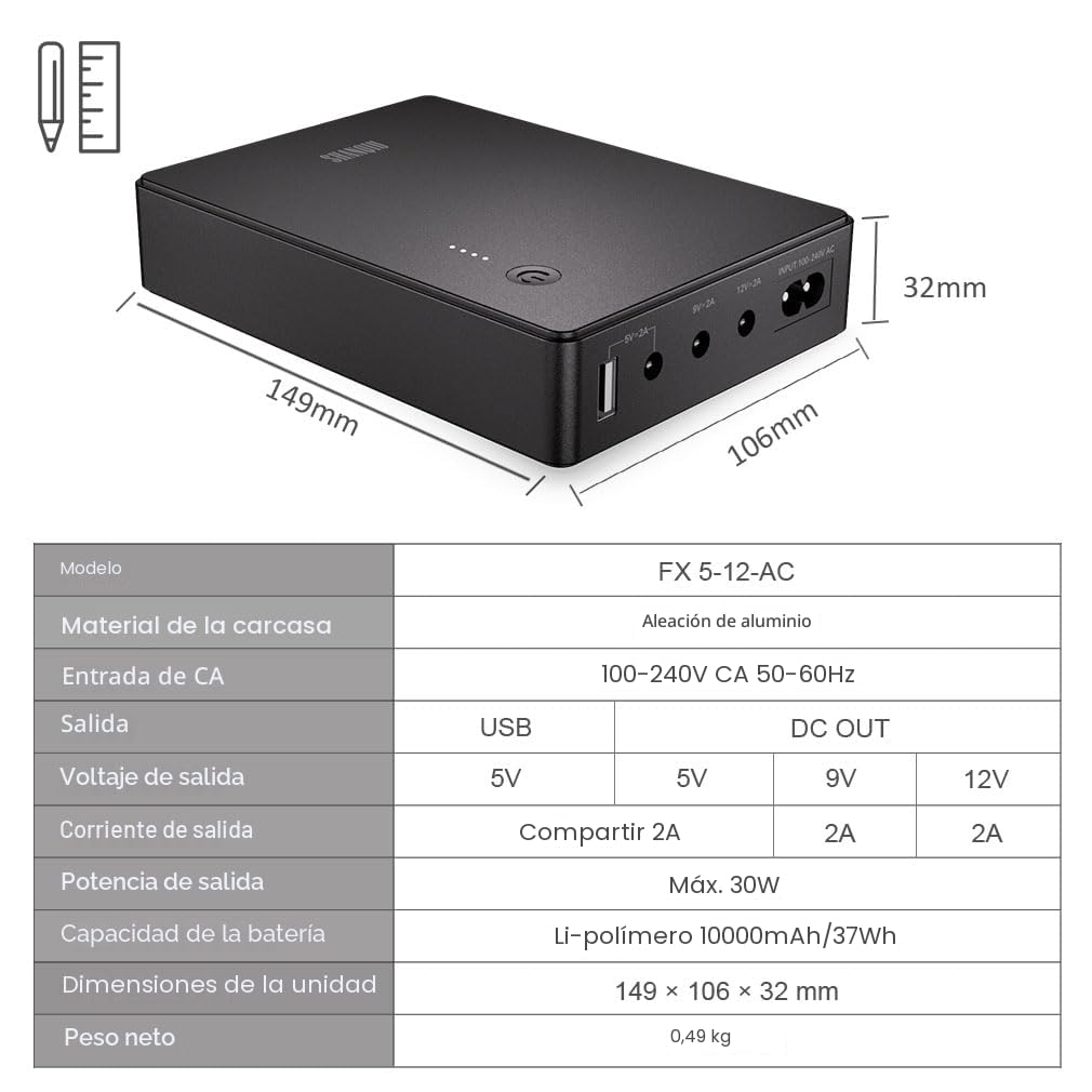 SAI Mini UPS para WiFi, Router, Módem, Cámara de Vigilancia, Entrada AC Salida 5V USB 5V 9V 12V DC 2A (37Wh)