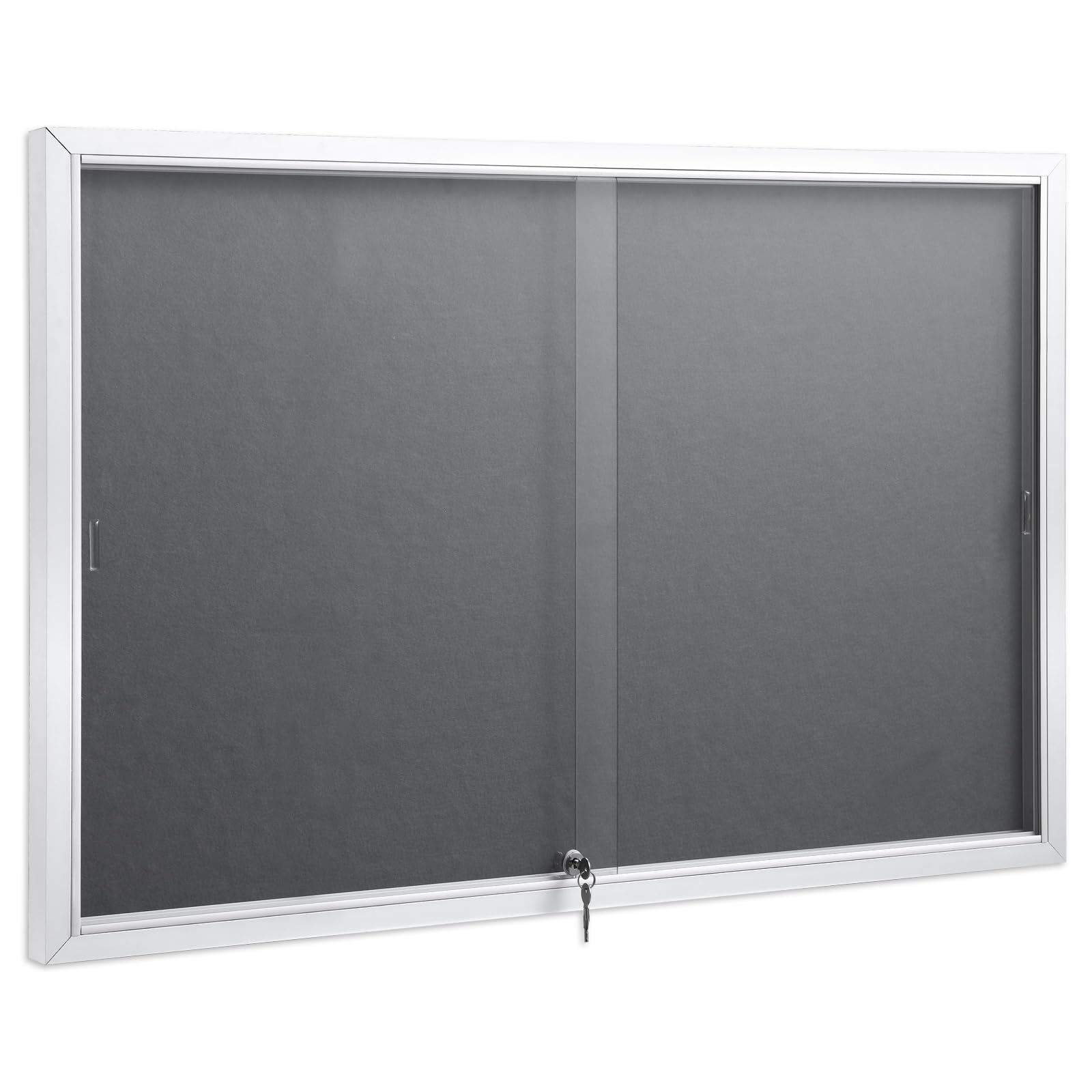 SWANCROWN Glass Enclosed Bulletin Board 48"x32", Locking Message Board with Sliding Glass Doors for Indoor Use, Grey Fabric