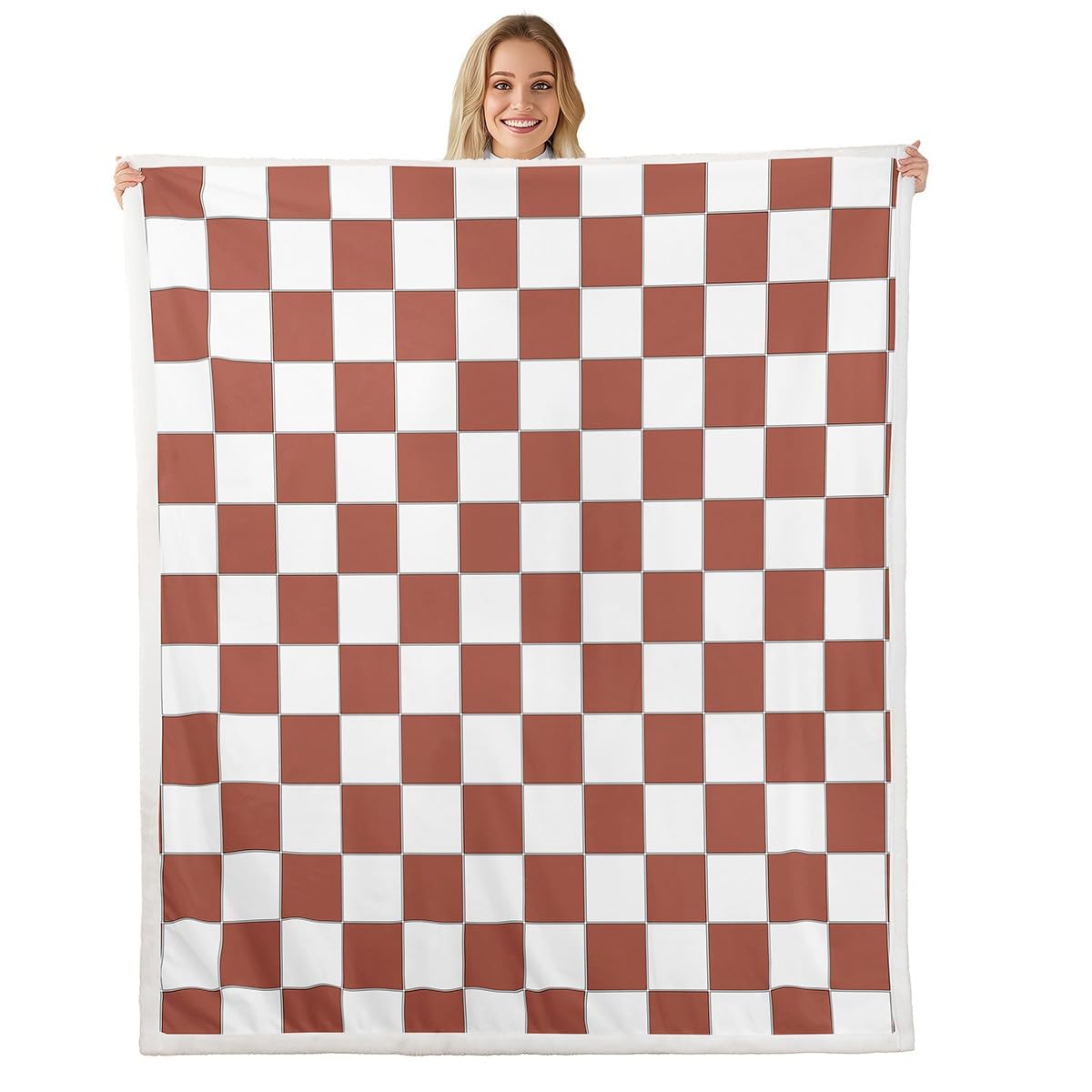 Erosebridal Checkered Sherpa Blanket Queen 90"X90" White Light Caramel Checkerboard Fleece Bed Blanket,Buffalo Plaid Grid Throw Blanket for Kids Teen Adults Aesthetic Geometric Gingham Fuzzy Blanket