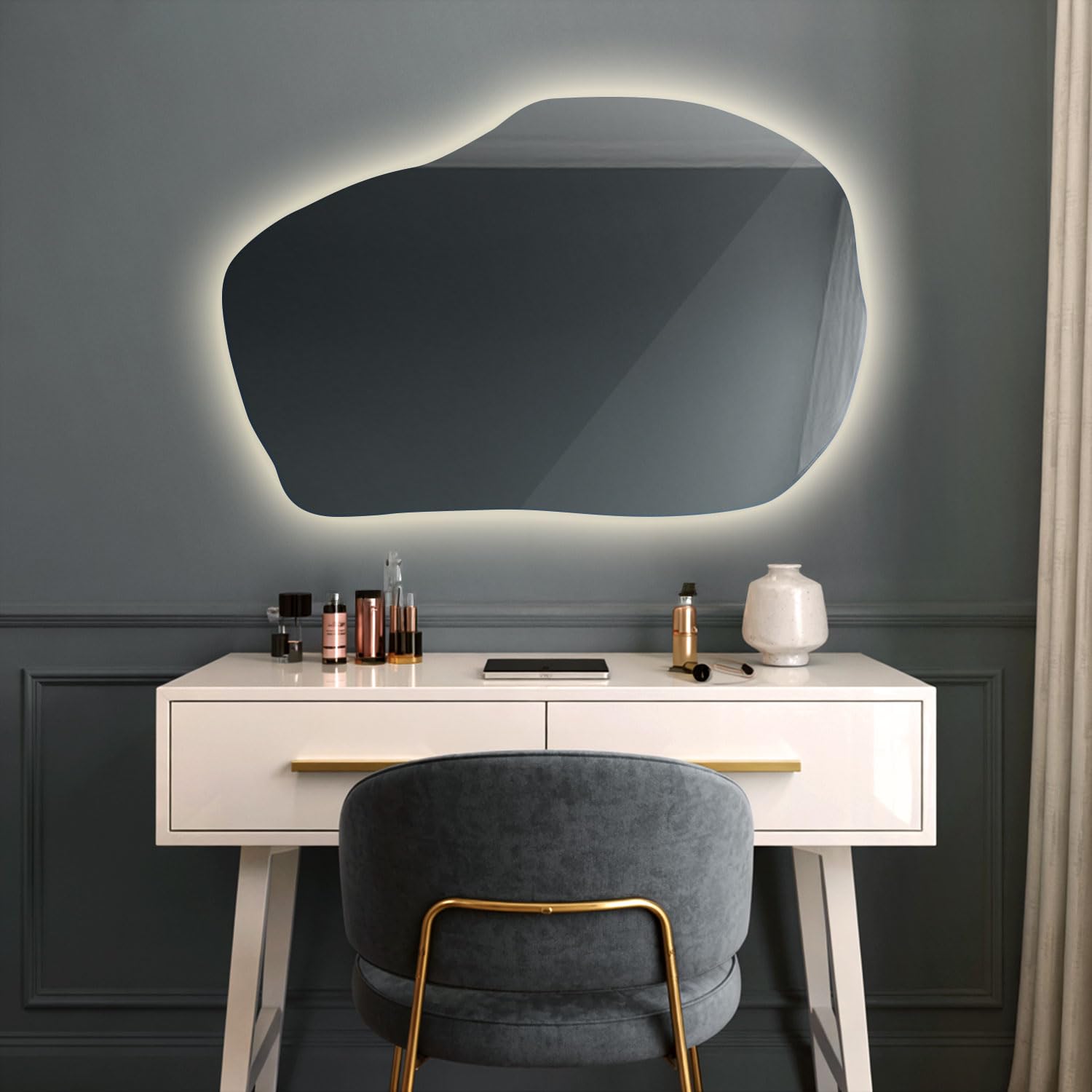 Tulup Specchio per Vestirsi 100x65 cm Illuminato con Luci a LED Luce Neutro Forma Irregolare Asimmetrico Senza Cornice con Illuminazione per Soggiorno, Bagno, Camera da Letto, Corridoio