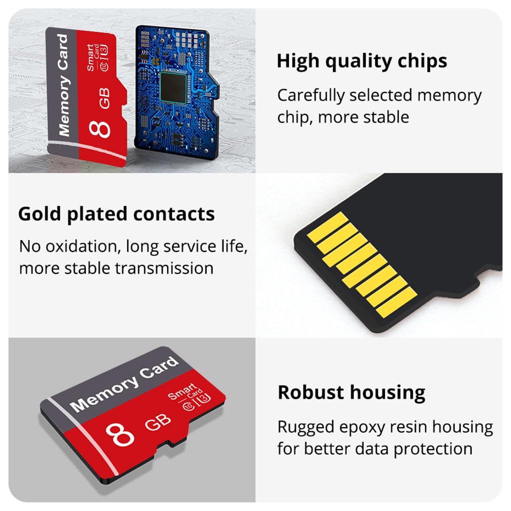 Karta pamięci 8 GB z adapterem, karta TF o wysokiej prędkości, UHS-I C10 A1, karta pamięci TF do tabletu, telefonu komórkowego, aparatu, samochodu, audio, konsoli do gier, 2 szt