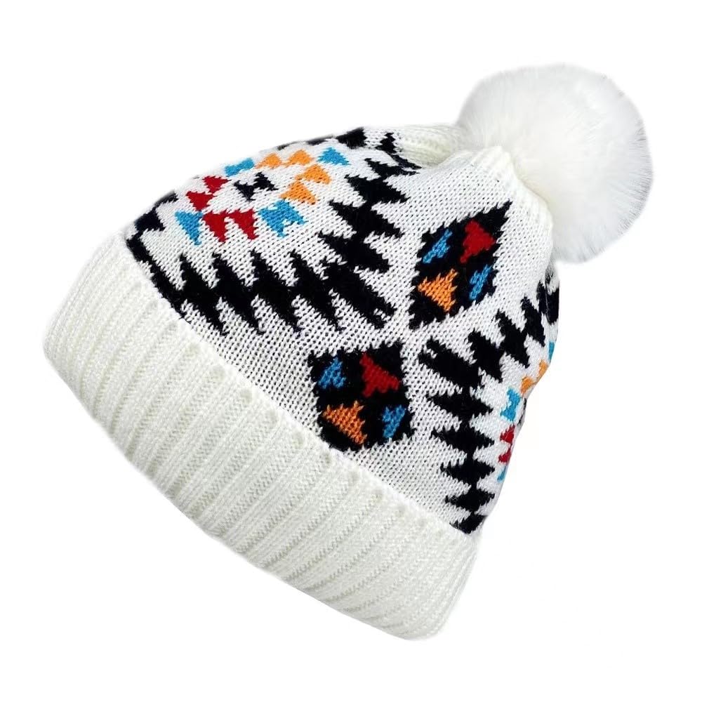 Kgm Unisex White Native American Indian Pattern Fleece Lined Bobble Beanie Hat Mens Womens Winter Hats Headwear (White)