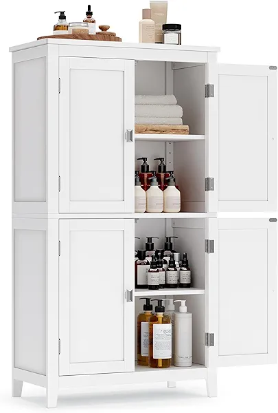 VASAGLE Bathroom Floor Storage Cabinet, Bathroom Storage Unit, Freestanding Cabinet with 4 Doors, Adjustable Shelves, 11.8 x 23.6 x 43.3 Inches, White UBBC552P31 White 4 Doors