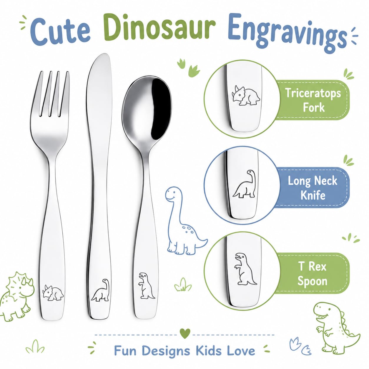 EXZACT Kinderbesteck 12 teiliges aus rostfreiem stahl/spülmaschinengeeignet Gravurbesteck - 4 x Gabeln, 4 x Sicherheitsmesser, 4 x Esslöffel - Dinosaurier (12 Stk Dinosaurier)