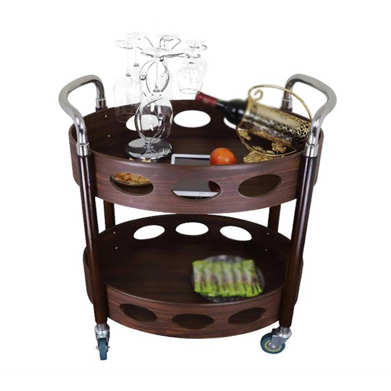 Chariot de rangement Barra rodante de madera retro con forma de huevo y carrito for servir, isla de carrito de barra de cocina de metal de madera de 2 niveles con ruedas y 2 manijas, estante for almac