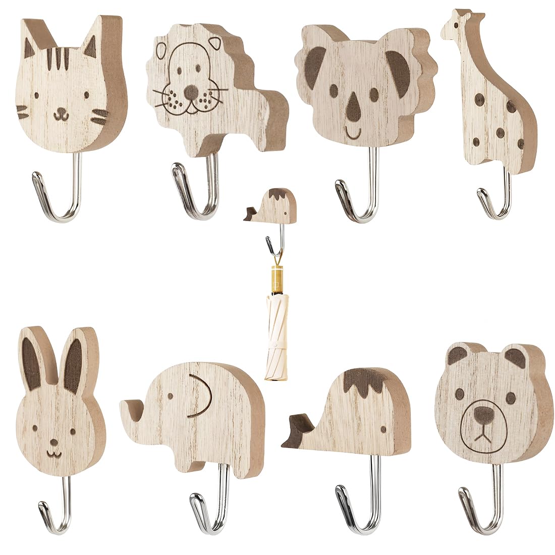 Appendiabiti per bambini in legno set 8 ganci autoadesivi animali elefante balena gatto leone coniglio giraffa