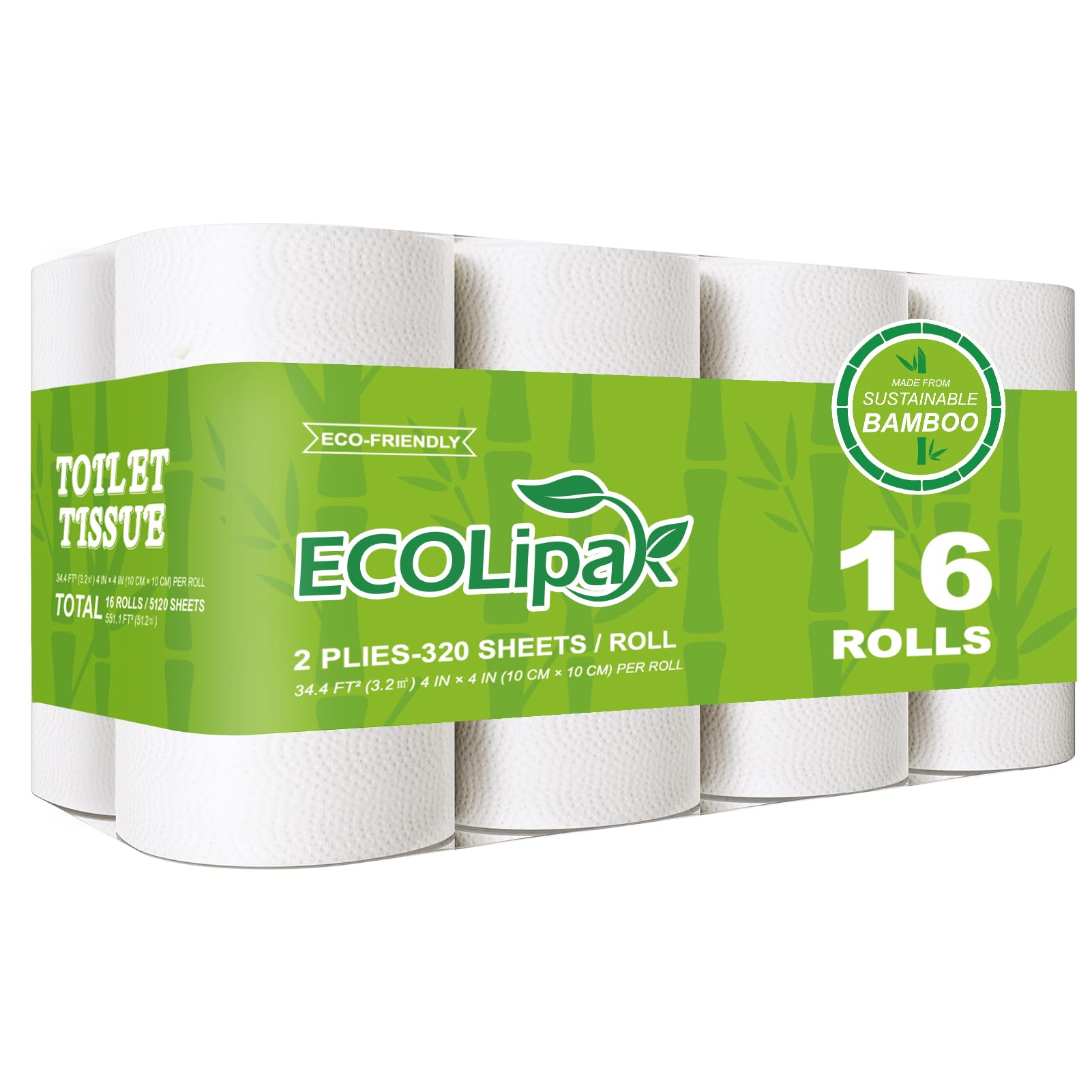 ECOLipak Bamboo Toilet Paper, Septic Safe Toilet Tissue, 16 Double Rolls, 320 Sheets Per Roll, Tree Free, Non Toxic, 2 Ply, Soft and Absorbent, Eco