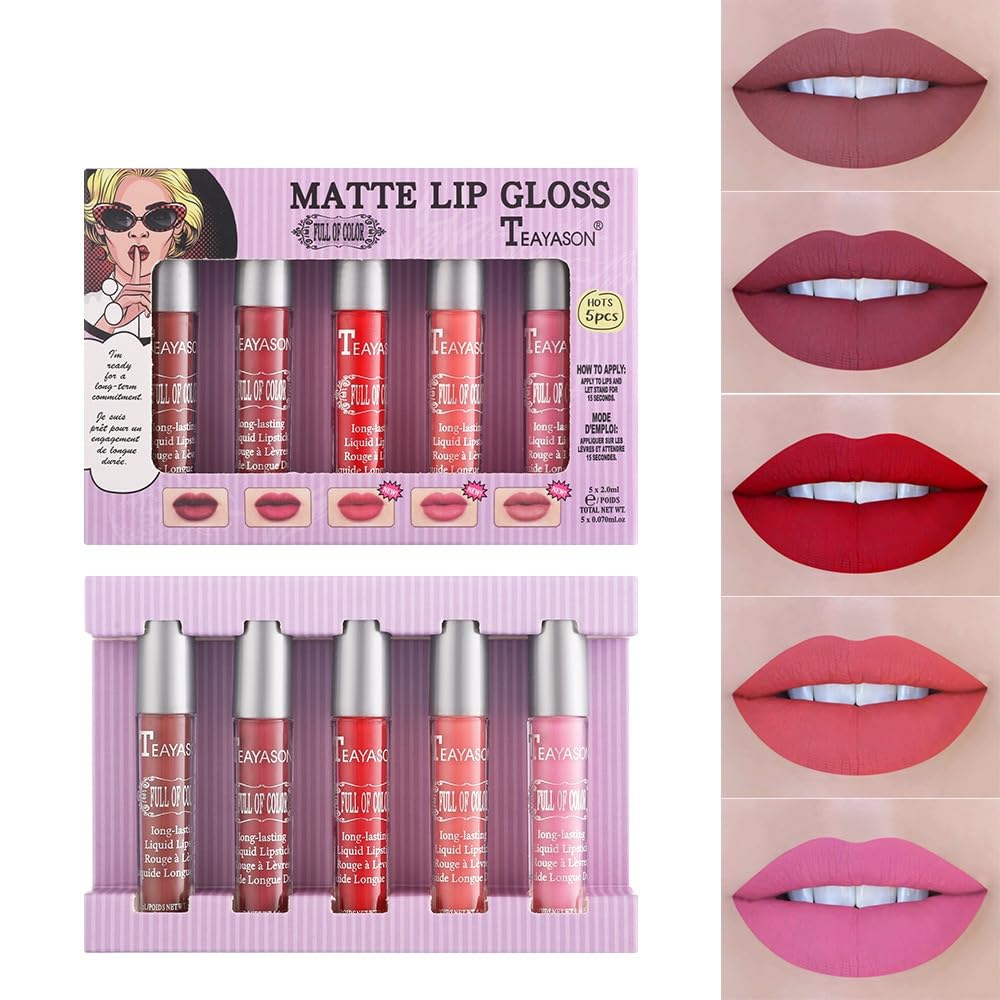 5 Pcs Matte Lip Gloss Set, Matte Liquid Long-Lasting Wear, Non-Stick Cup, Not Fade, Waterproof Lip Gloss (group B, 1)