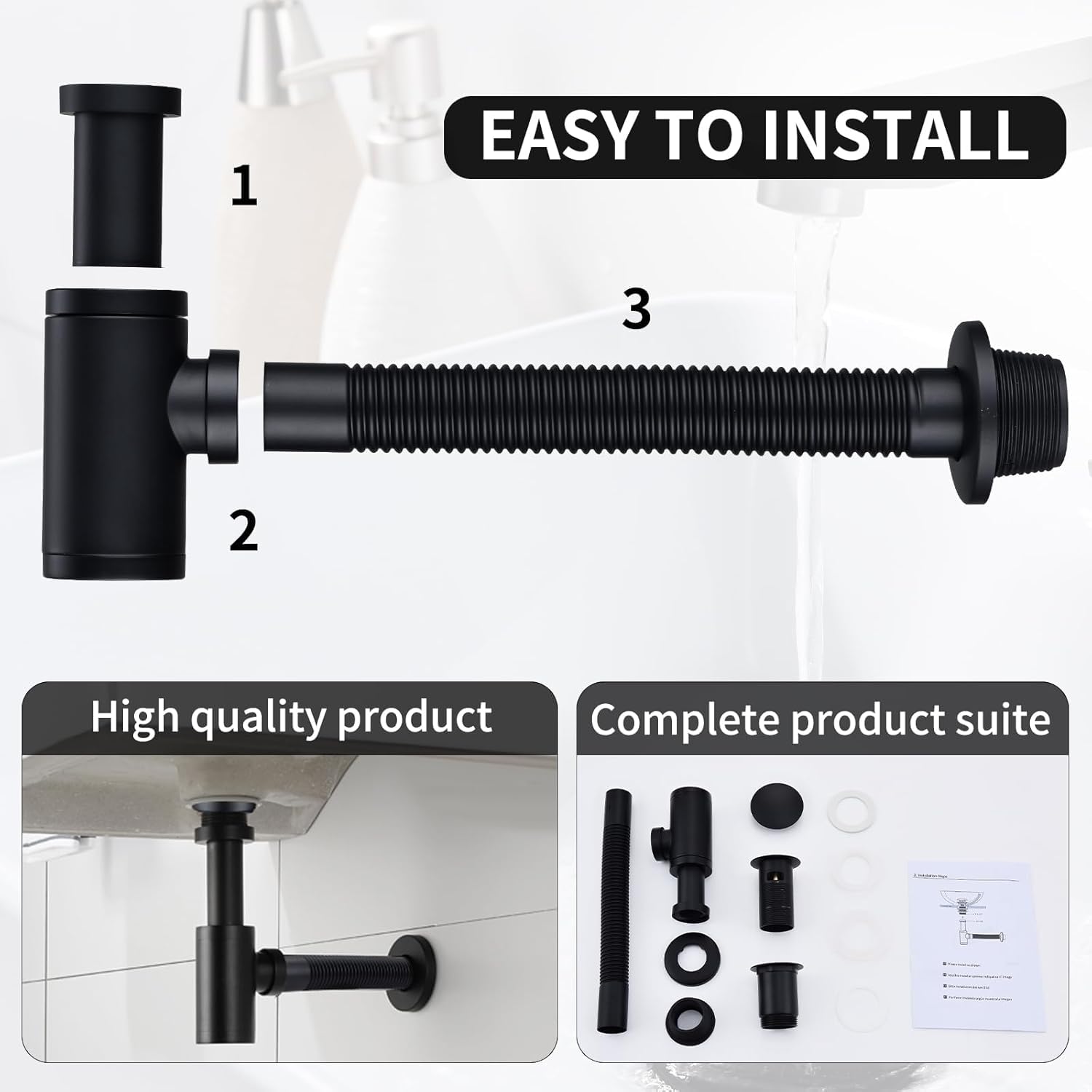 HOMELODY Sifone di design con valvola pop-up per lavandino, nero opaco, sifone universale in ottone, tappo per lavandino, antiodore con apertura di pulizia