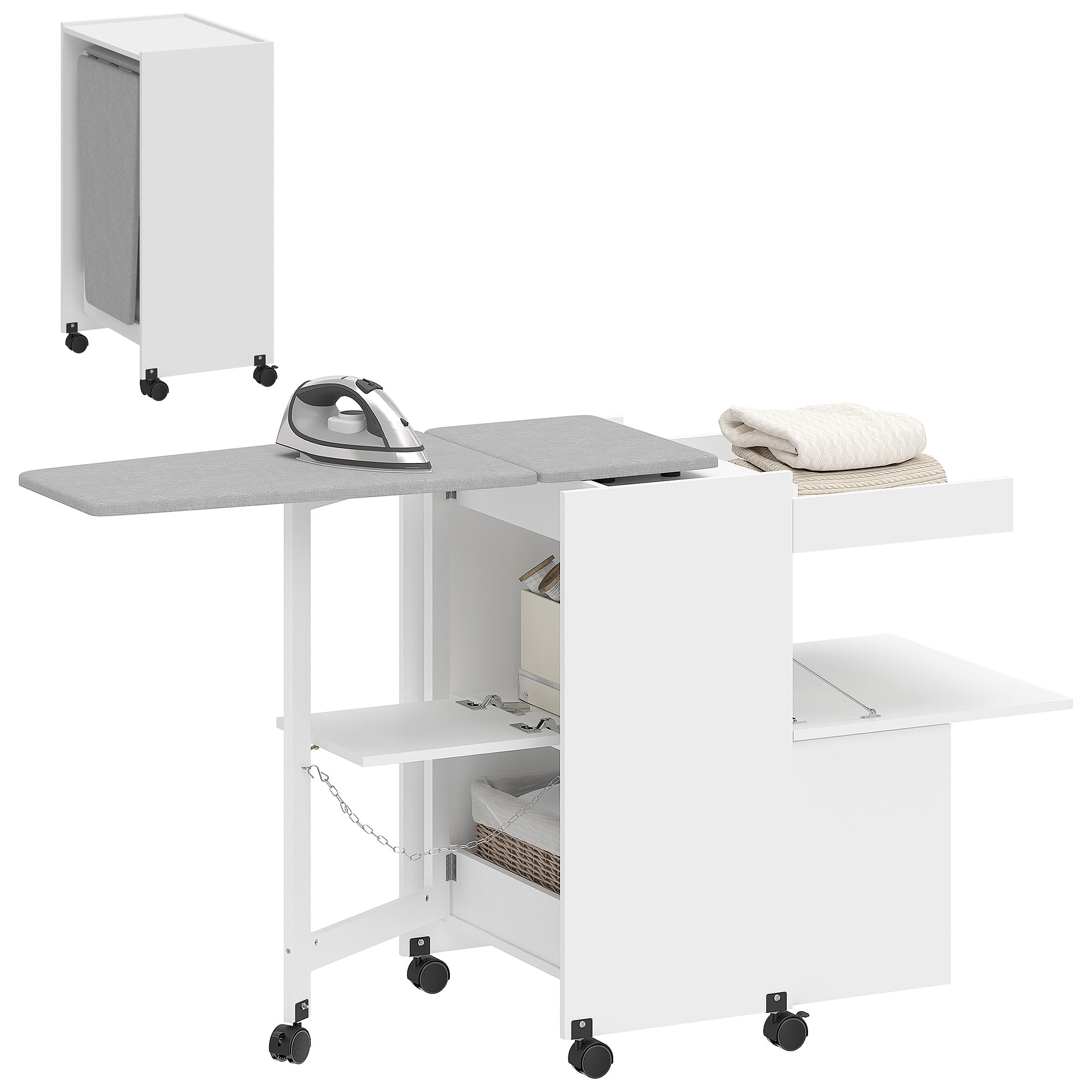 HOMCOM Meuble à Repasser Pliante sur roulettes 154x55x87cm Blanc | Table à Repasser avec Repose-Fer, Portes par Pression, Charnières à Fermeture Douce, pour Petits Espaces, Buanderie