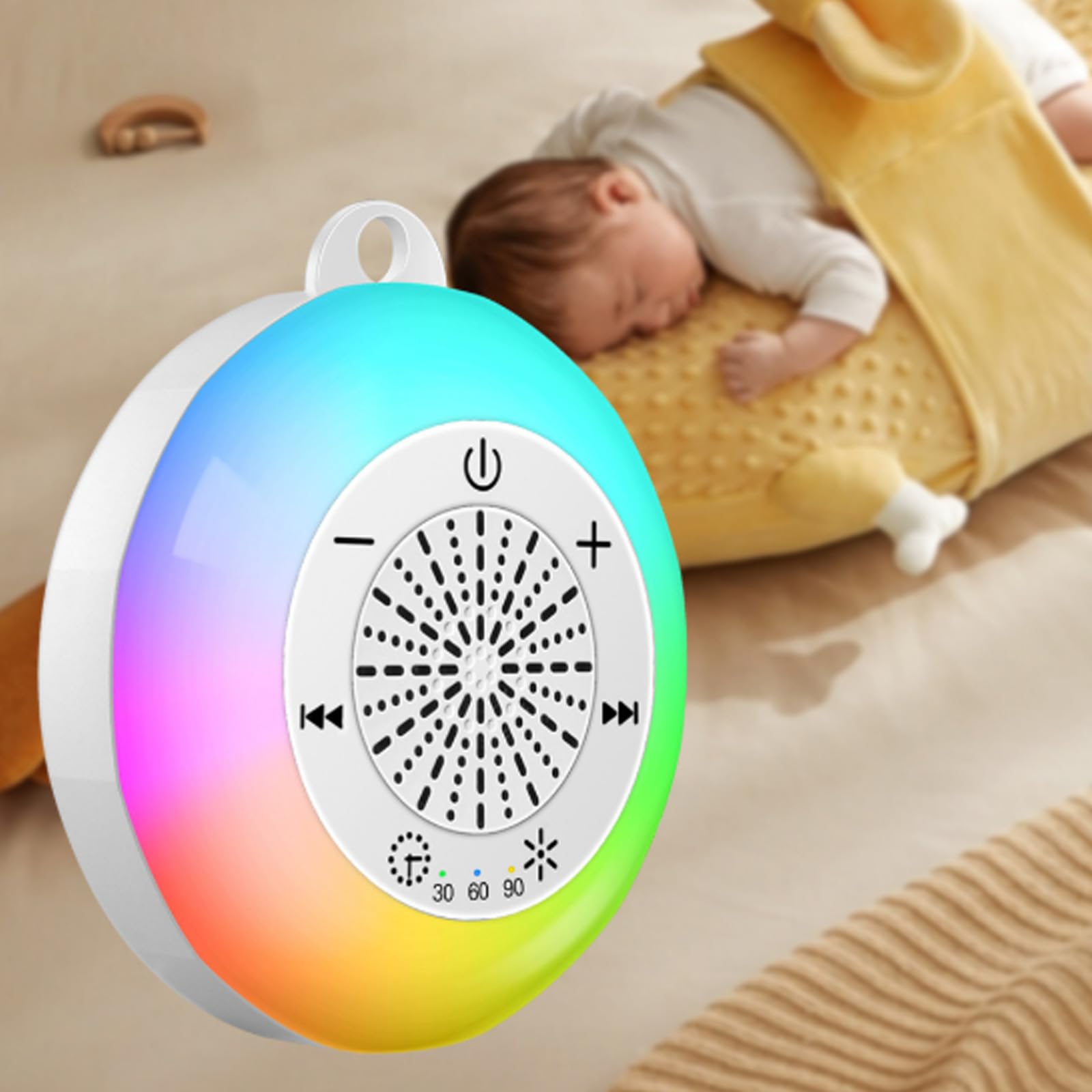 Tragbares weißes Rauschgerät mit 22 beruhigenden Geräuschen, wiederaufladbar, für Babys, Erwachsene, Zuhause, Reisen, Büro, tragbarer Schlafschnuller mit Nachtlicht und Reiseetui