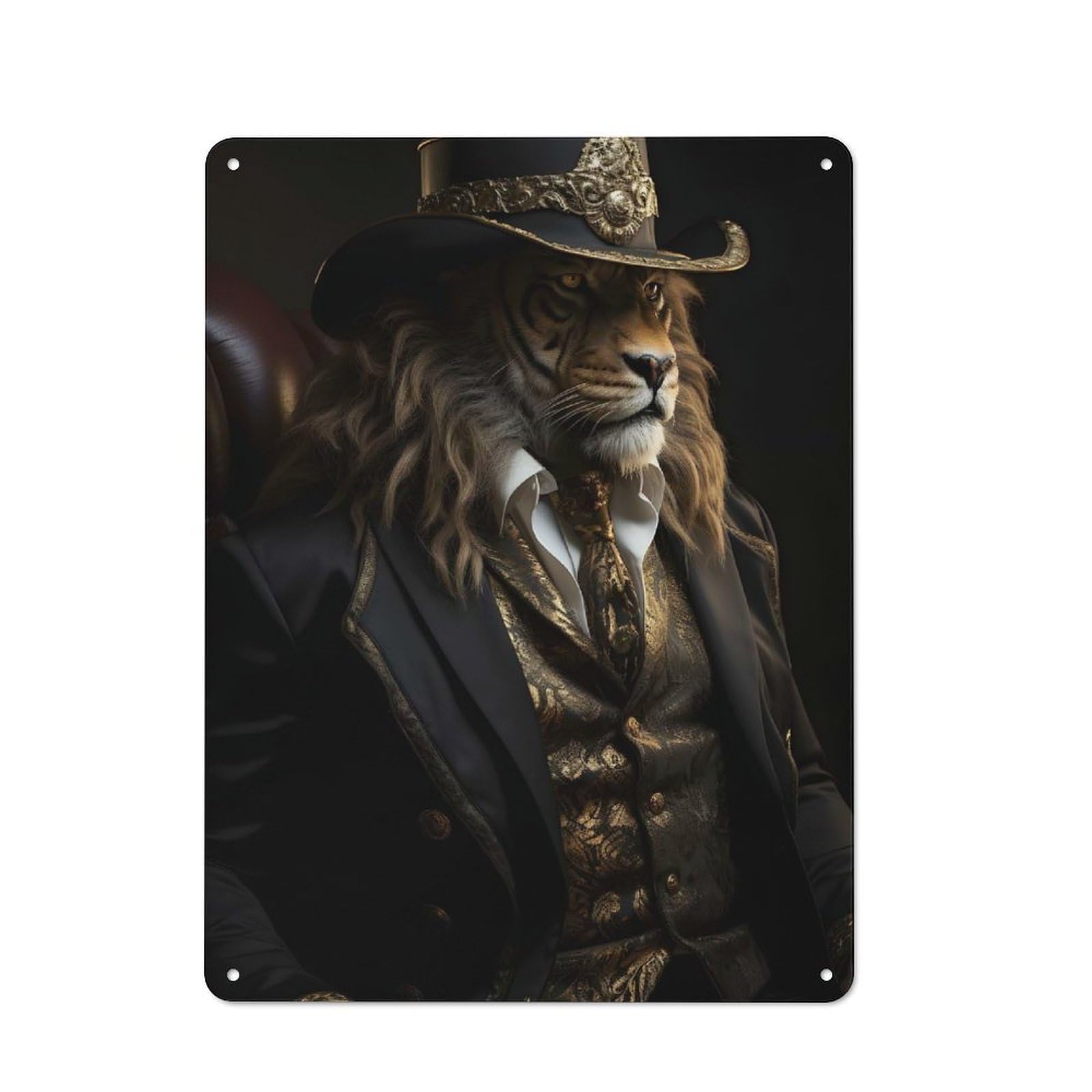 Lion in Suit And Hat Workshop Style Metal Wall Decor 40x30cm, Garage Metal Sign for Workshop, Basement, Shed Or Games Room