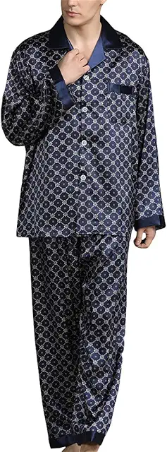 Men's Geometric Print Satin Pyjamas - Long Sleeve Two-Piece Set