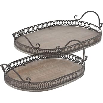 ETC Decorative Tray Oval Decorative Tray with Handles Metal in Shabby Brown Vintage Country House Look Medium