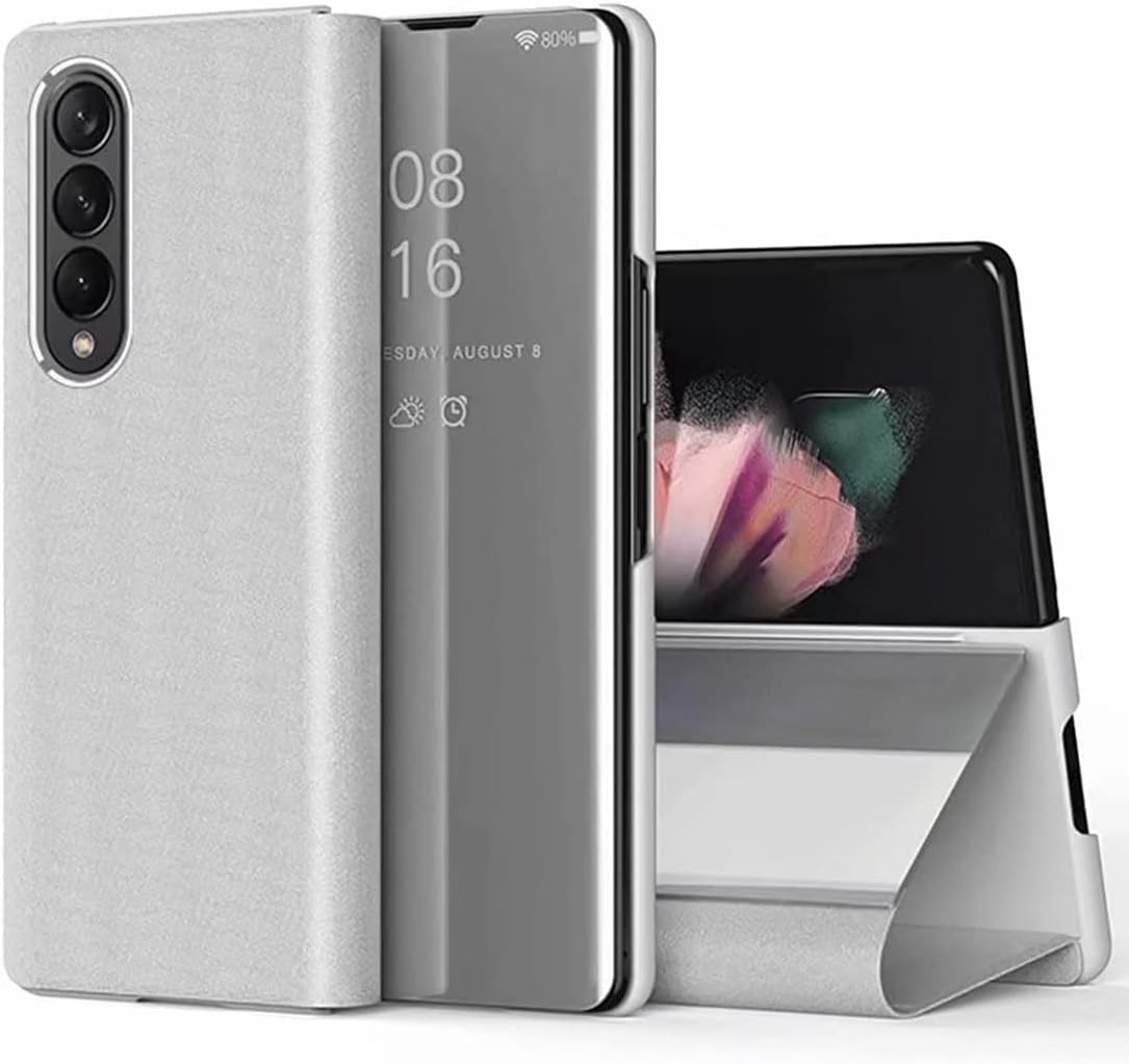 Case for Vivo X Fold, Flip Plating Mirror Case with Stand Function,PC/PU Translucent Clear View Shockproof Phone Protective Case Cover for Vivo X Fold, Sliver