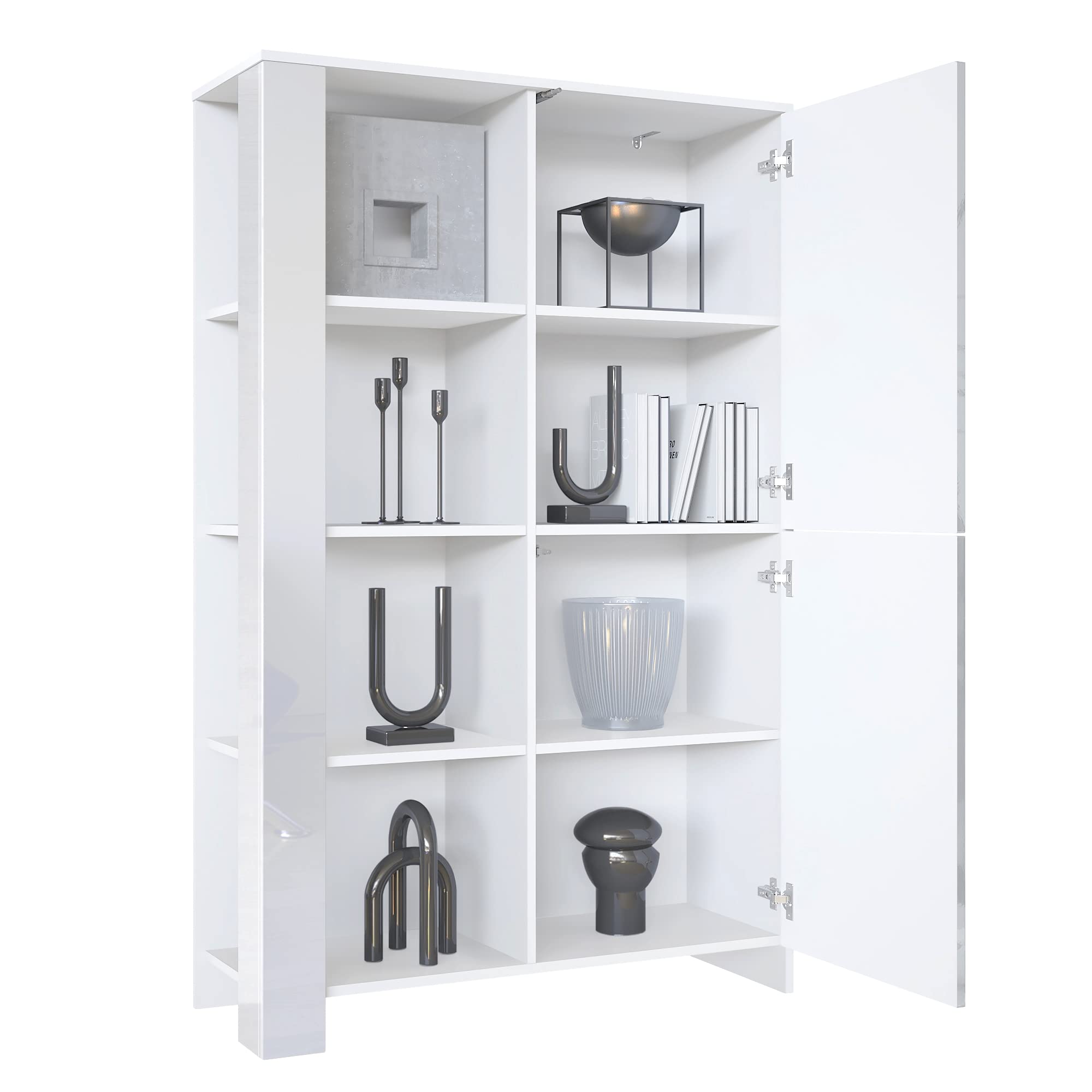 Vladon Highboard Canto, Made in Germany, hoher Schrank mit 2 Türen und 8 Fächern, Korpus Weiß matt, Fronten Weiß Hochglanz, Dekor-Paneele Eiche Ribbeck (95 x 151,5 x 36 cm)