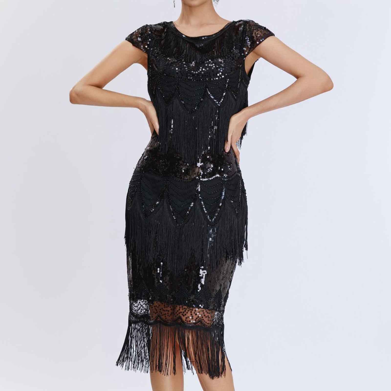 HAOLEI Abito da Donna Anni ‘20 Abito da Donna Sexy con Spacco Lungo Elegante a Tracolla Scollo a V Profondo con Paillettes Vestito Cocktail da Sera Estivo
