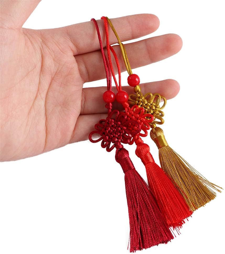 Vctitil 4 Pcs Mini Silky Handmade Soft Flossy Chinese Knot Tassels with Loop for Keychain Jewelry Making, Souvenir, Curtain Charms, DIY Projects