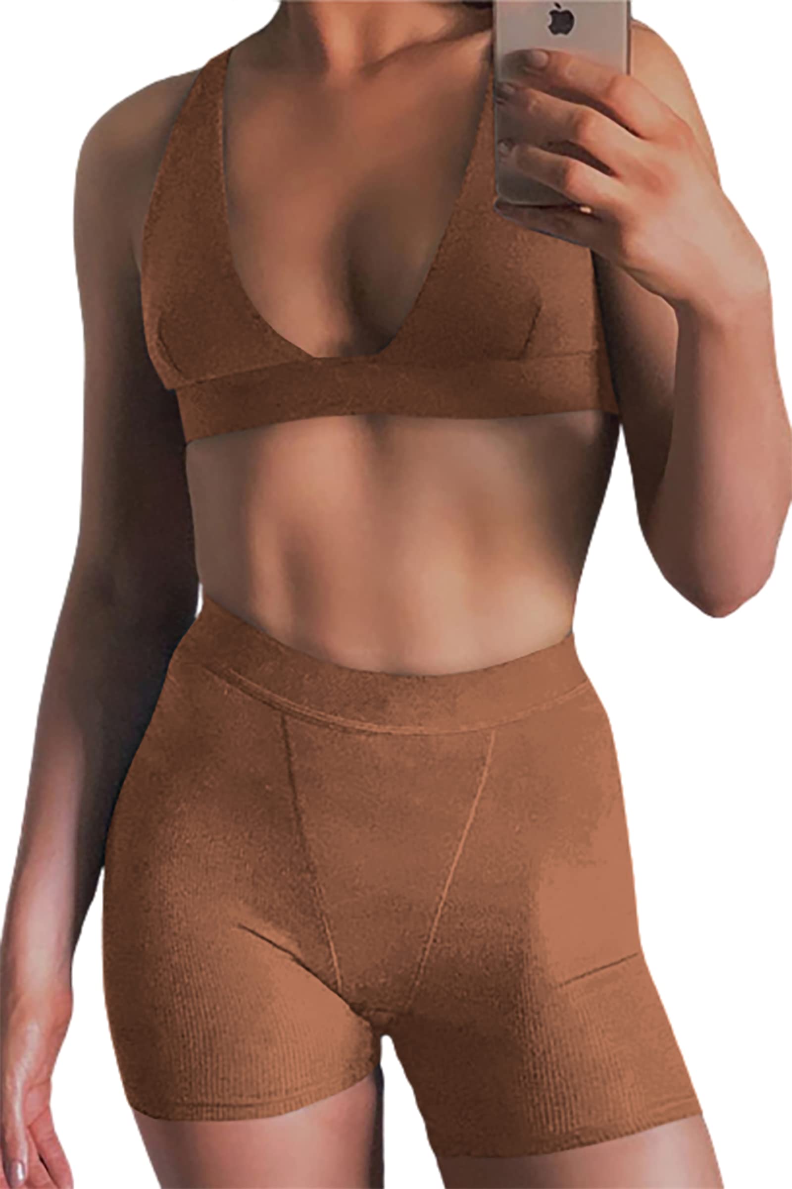 Women 2 Piece Workout Outfit Ribbed Deep V Neck Bra High Waist Bodycon Yoga Short Sets Gym Active Wear Tracksuits