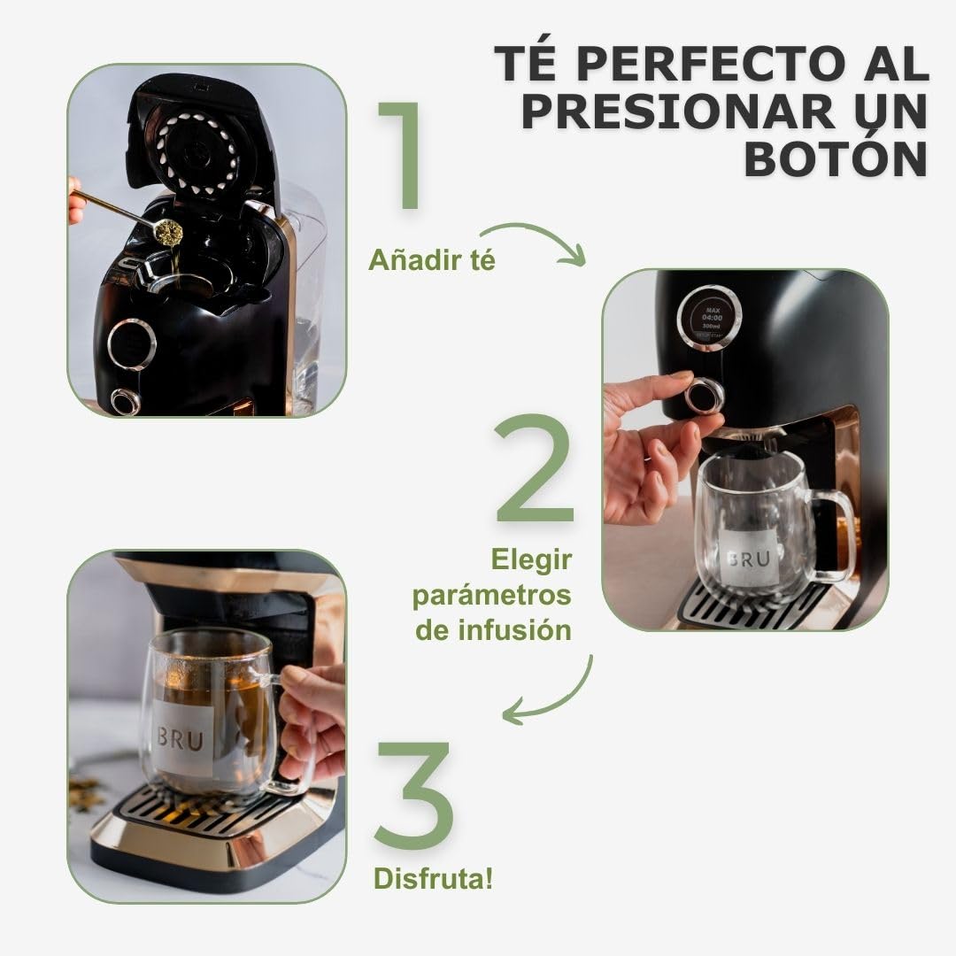 Máquina de té BRU Maker One, SIN cápsulas, dispensador de agua caliente y máquina de té en uno, té y agua filtrada con solo tocar un botón, sistema de limpieza automático