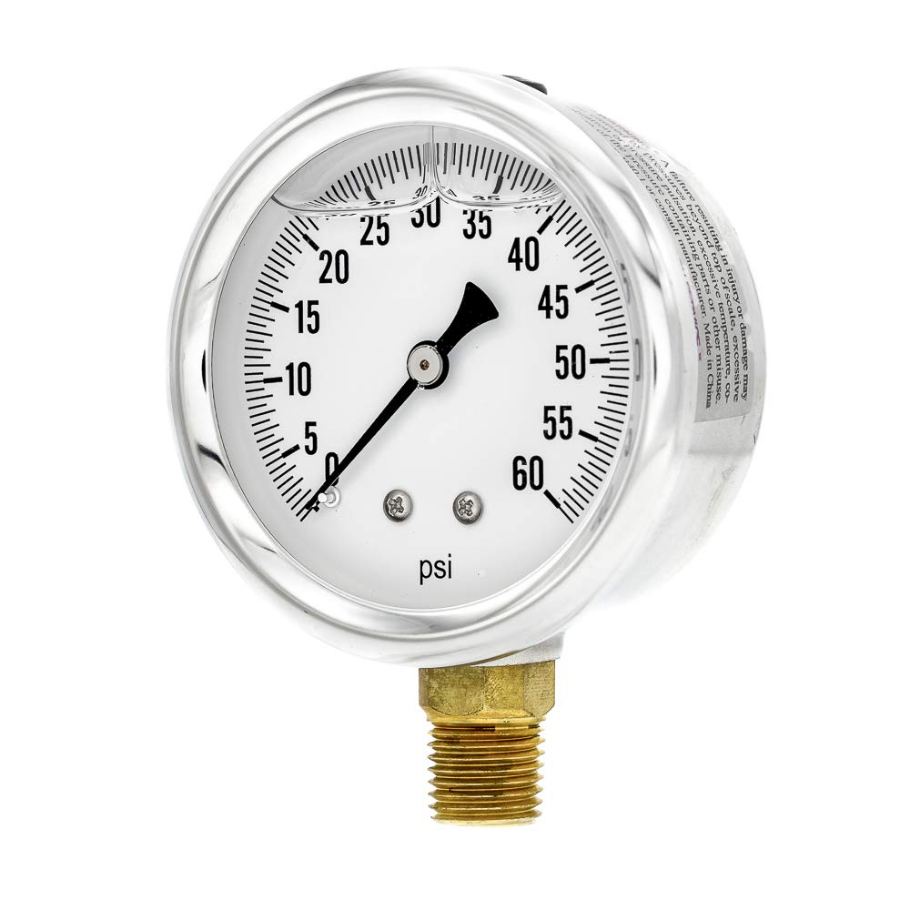 PIC Gauge S201L-254D 0-60 PSI Pressure Gauge, 2 1/2 Dial, 1/4 Male NPT Connection, Bottom Mount, Single Scale, Glycerin Filled, Stainless Steel Case/Bezel, Brass Internals & Plastic Lens