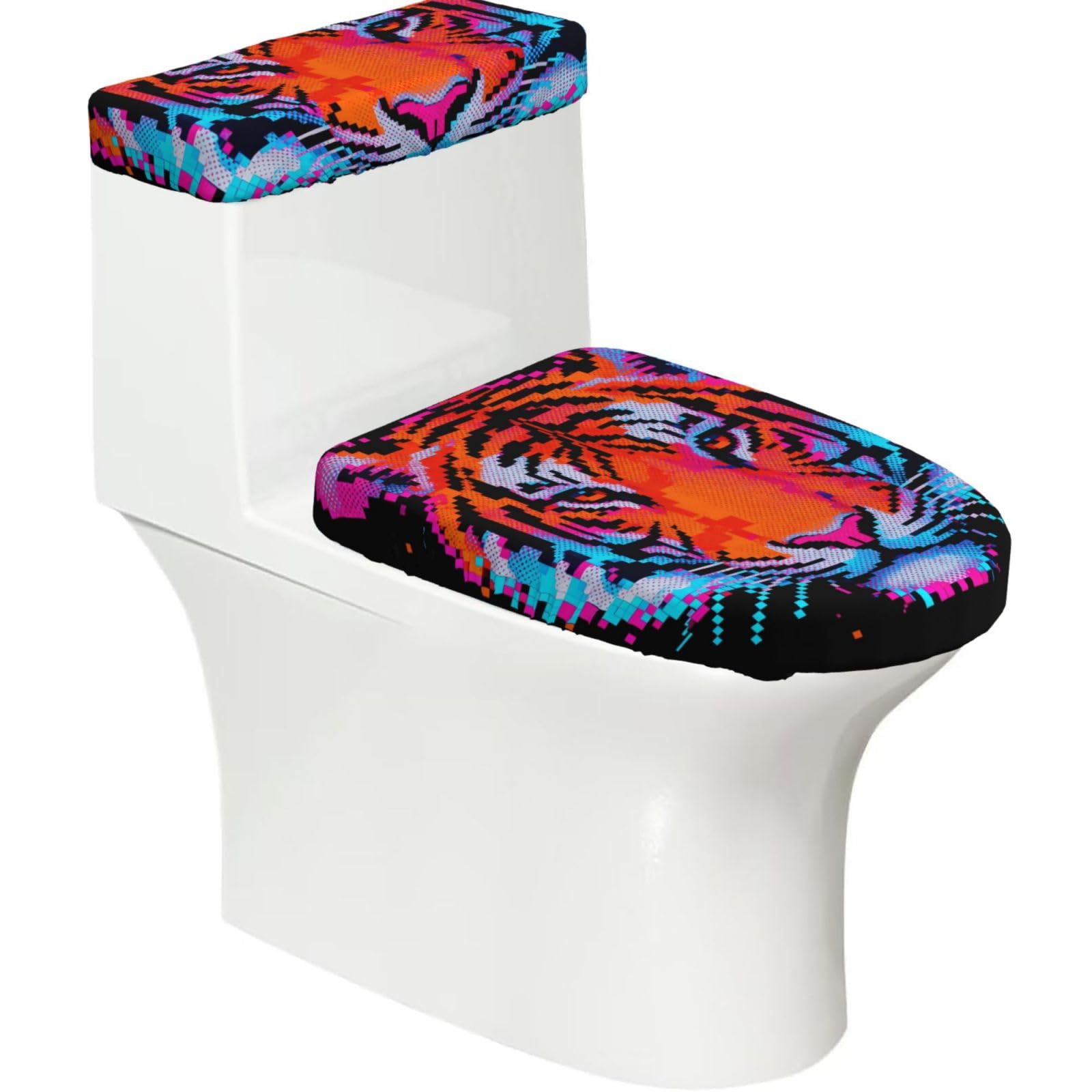 Cntdbu Black Tiger Head Elastic Toilet Cover Set Of 2-Stretchy Lid And Tank Covers For Bathroom, Soft Washable U Shape Toilet Decor