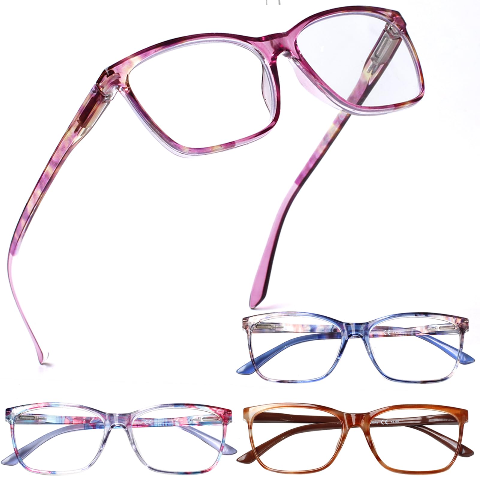 Henotin 4 Pack Ladies Reading Glasses Blue Light Blocking Spring Hinge Readers Anti Eyestrain Computer Eyeglasses (Multicolor-3, 2.75)