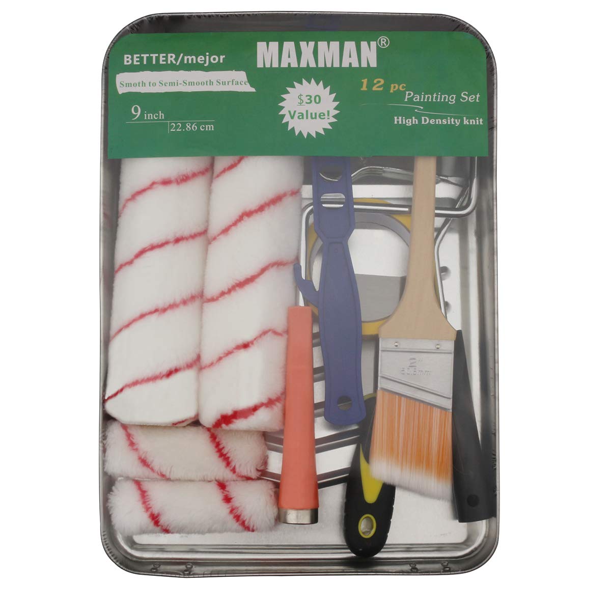 Paint Roller Kit,Metal Paint Tray,9" Roller Covers,Roller Sleeves Set,Paint Brush,Roller Frame,Paint Stick,Putty Knife,Masking Tape,Paint Can Opener,Painting Supplies for Home Improvement,12-Piece