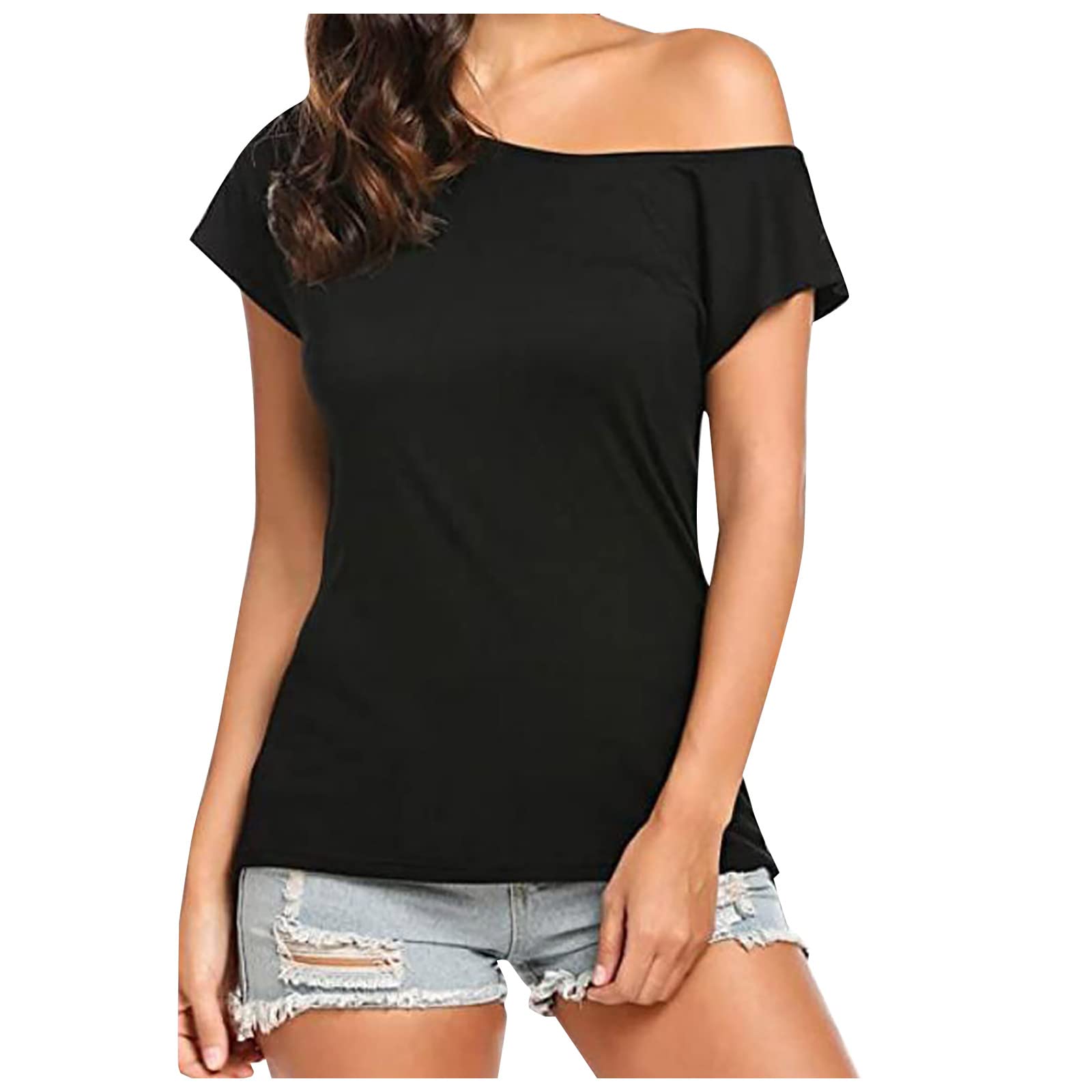 IQYU Camiseta de verano para mujer, elegante, sexy, manga corta, monocolor, holgada, tallas grandes, camiseta larga, camiseta de hombros descubiertos, sudadera, blusa, túnica, camiseta básica