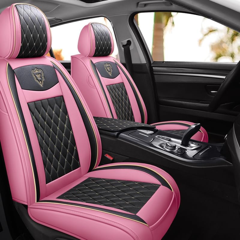 Car Seat Covers Full Set, Super Luxurious Heavy Universal Duty Waterproof Leather Automotive Vehicle Cover for Cars SUV Pick-up Truck, Non-Slip Seat Pink Car Accessories(Pink Black Full Set/Black pink