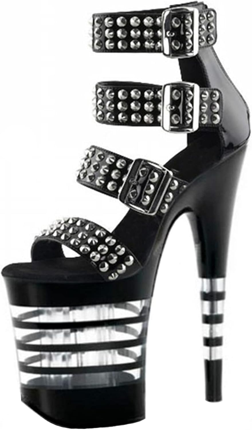 20 cm Fashion Punk Rivet Platform High Heels Sandaler Black Ankle Strap Pumps Sexy Stripper Club Pole Dance Party Shoes Size 34-46, Black, 43 EU - 43 EU