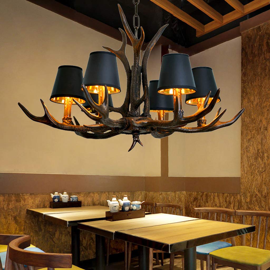 FWX Pendant Lamp Retro E14 Antler Hanging Lamp Industrial Style Chandelier Resin Black Iron Lampshade Lighting Height Adjustable Pendant Dining Room