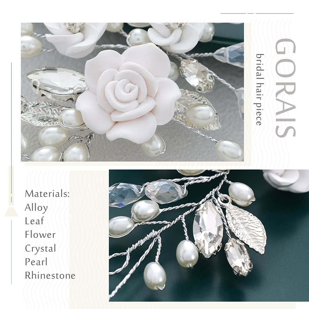 Gorais Flower Bride Hair Vine Silver Pearl Bridal Hair Piece Crystal Rhinestone GORAIS Silver Crystal Flower Bride Wedding Headband | Bridal  main image 3