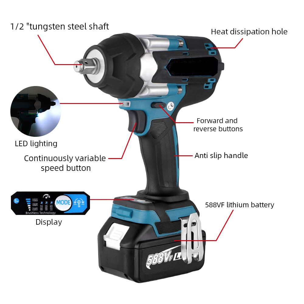 1800N.M Avvitatore a percussione a batteria, 1/2", compatibile con Makita 18 V, avvitatore a percussione multifunzione con luce LED, con 1 batteria, 7200 rpm, 5 velocità, per auto e casa