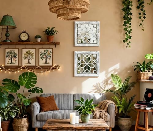 Miniatura 3 de Espejo de pared bohemio, juego de 2 espejos rústicos de acento de granja, espejos vintage estilo cuadrado a prueba de roturas de 12x12 pulgadas para