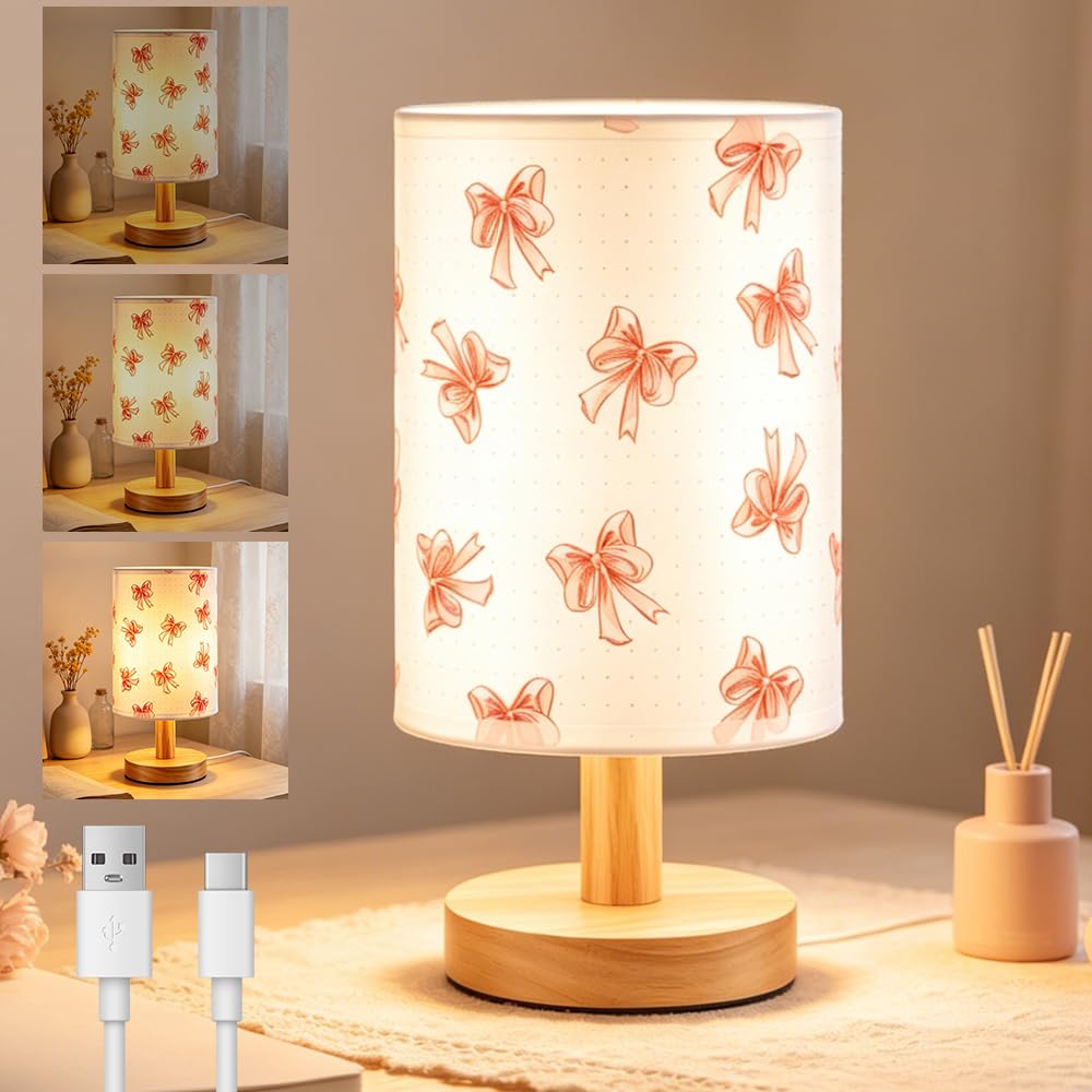 Pink Bow Bedside Table Lamp, 3 Colours Dimmable Bedside Lamp for Girls