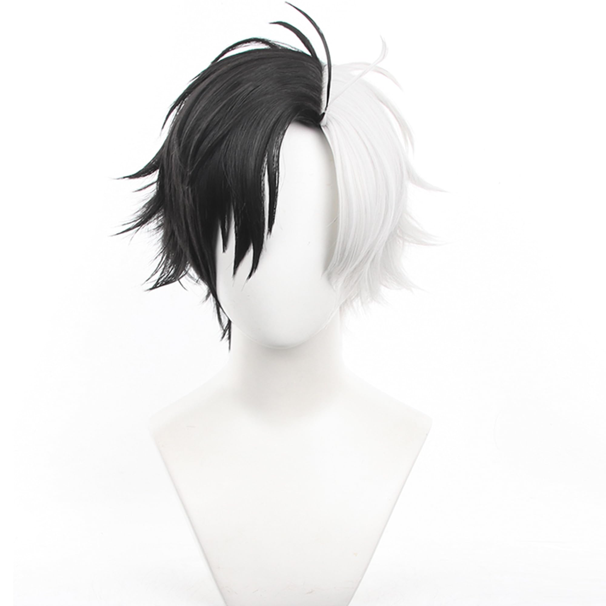 Half White Black Short Straight Wig Perfect Men Halloween Cos Anime Party Wigs with Heat Resistant Synthtic Costume Hairs - Image 3