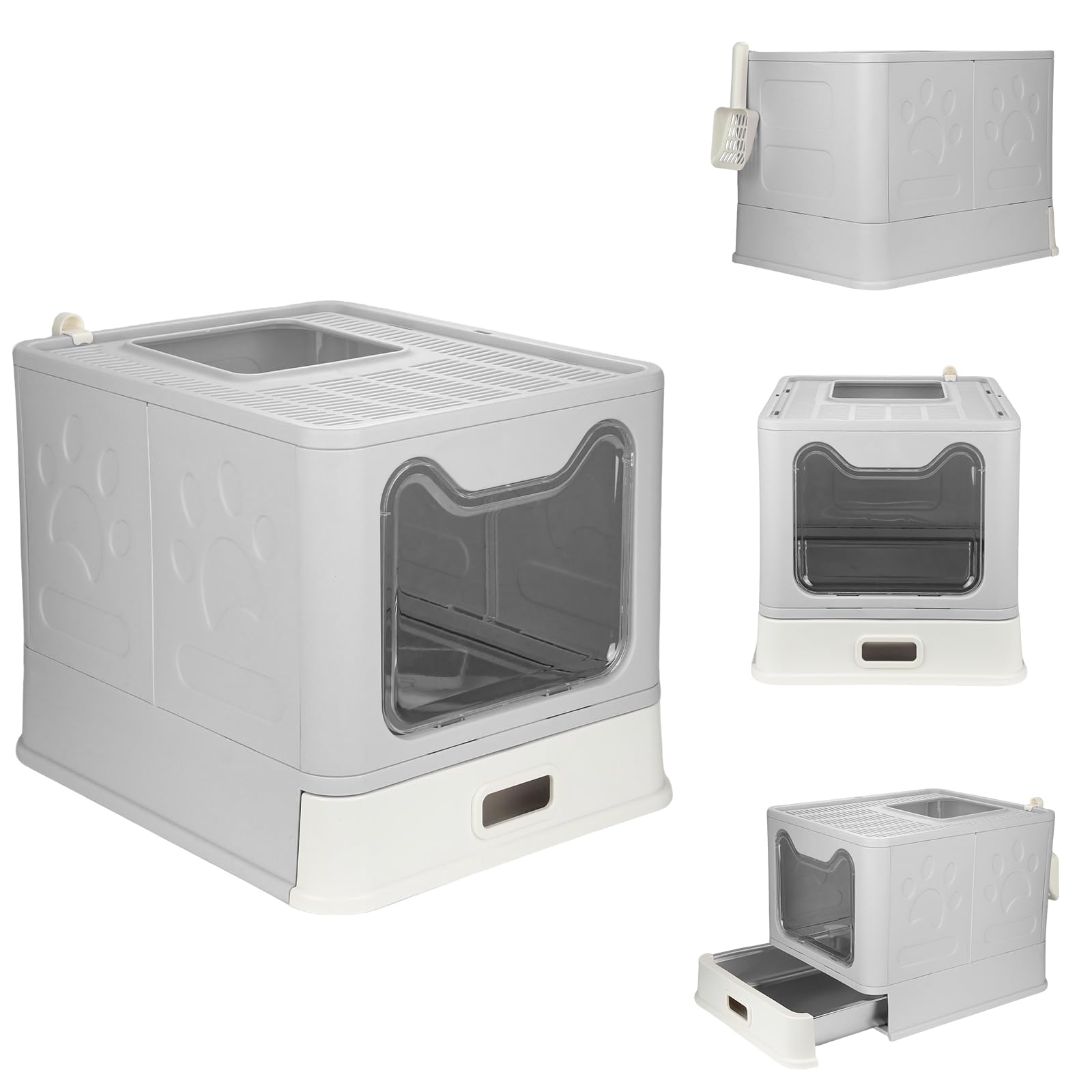 OHMG Lettiera per Gatti, Chiusa, Casa di Toilette in Acciaio Inox, Vassoio Rimovibile, Paletta, per Gatti Grandi, Capacità di Carico 15 kg, Anti-tracce, Anti-perdite