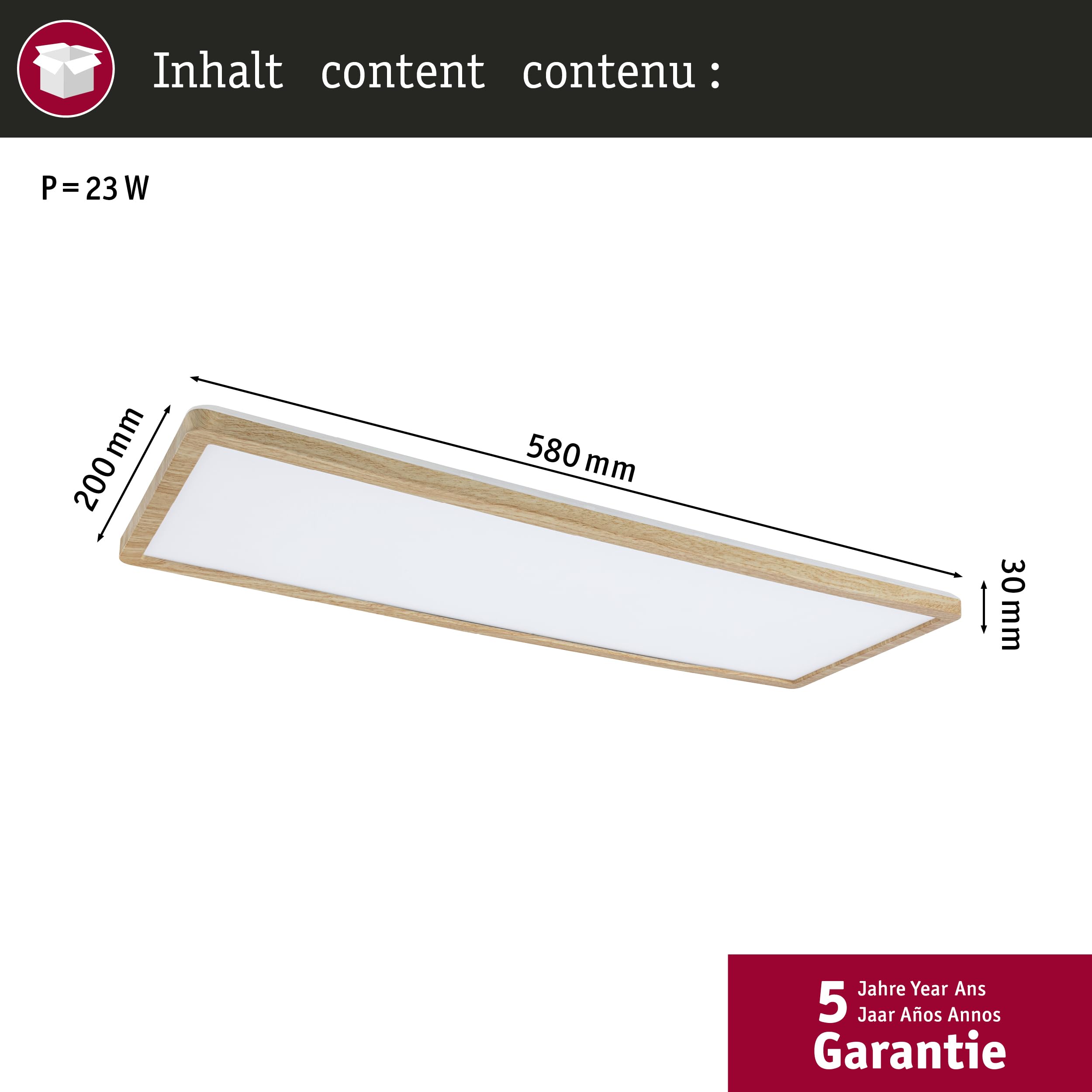 Paulmann 71036 Panel LED Atria Shine plafón con Backlight cuadrado IP44 22W 2300lm 580mmx200mm acabado madera plástico 4000K luminaria de baño