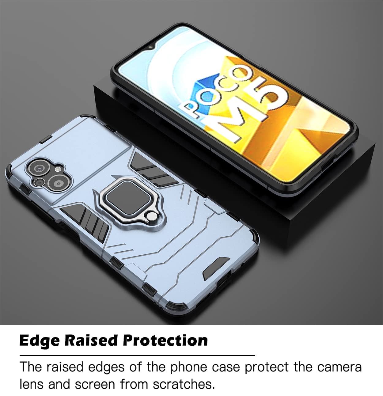 COMAKU Cover Armor per Xiaomi Poco M5 4G, Custodia TPU+PC Antiurto con Anello Supporto [con 2 Pezzi Vetro Temperato Pellicola Schermo ] - Blu