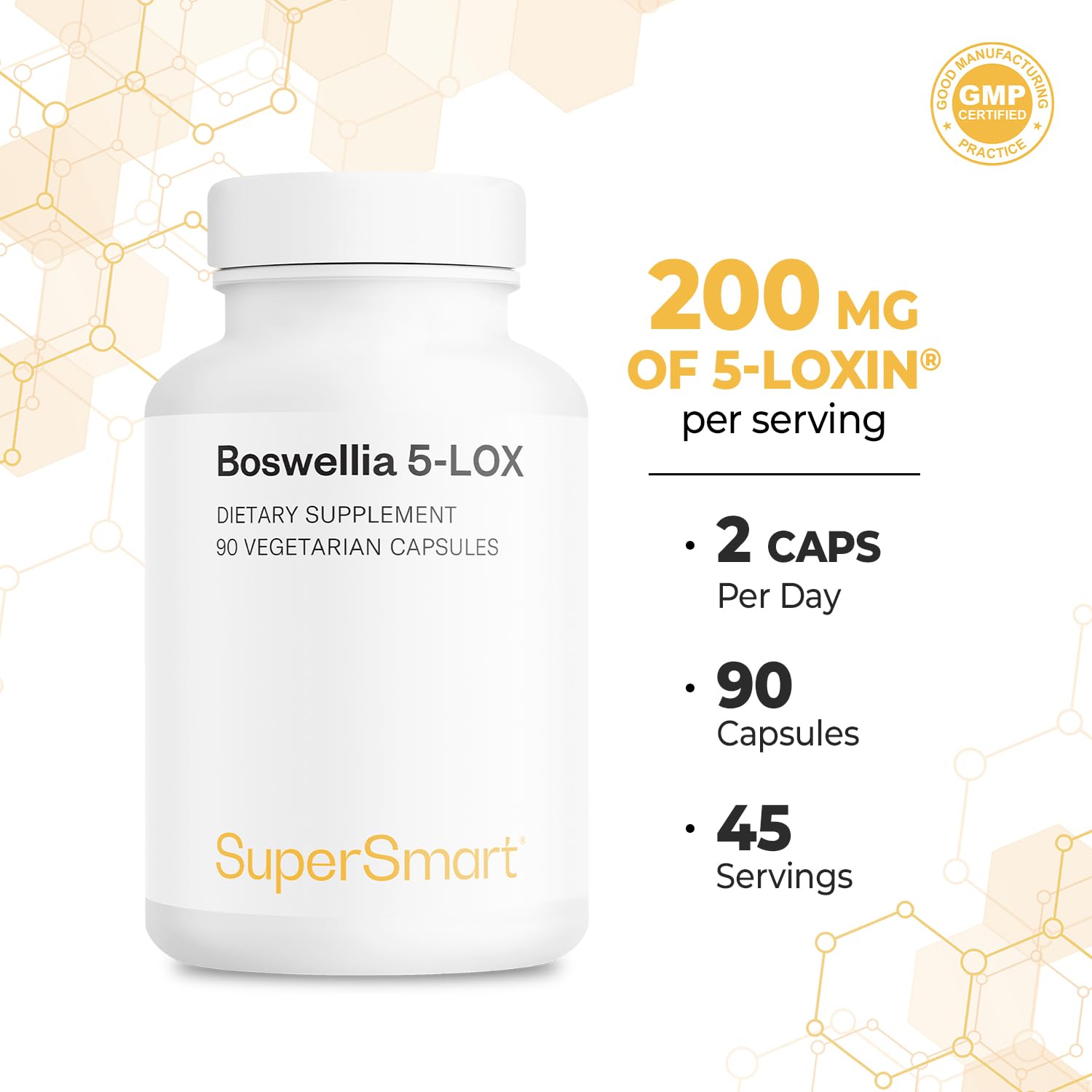SuperSmart - Boswellia 5-LOX - Extrait de Boswellia Serrata Standardisé 30% d’AKBA - Contribue à Inhiber l'Inflammation | Sans OGM - 90 Capsules Végétariennes