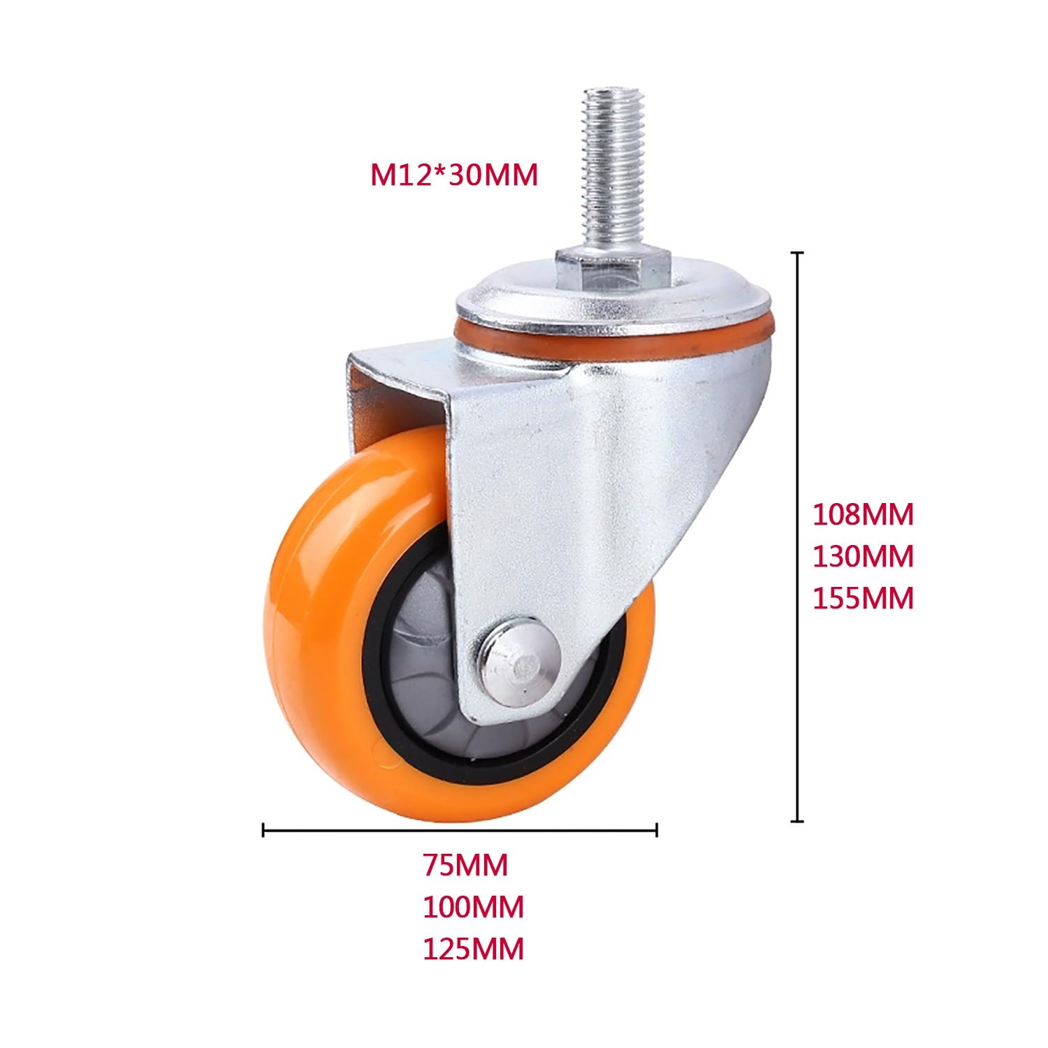 4 Pièces 75mm M12*30mm roulettes Filetées Pivotantes avec Frein, Roues en PU Silencieuses for Meubles, Capacité de Charge 300kg(2swivel+2with Brake,100mm)