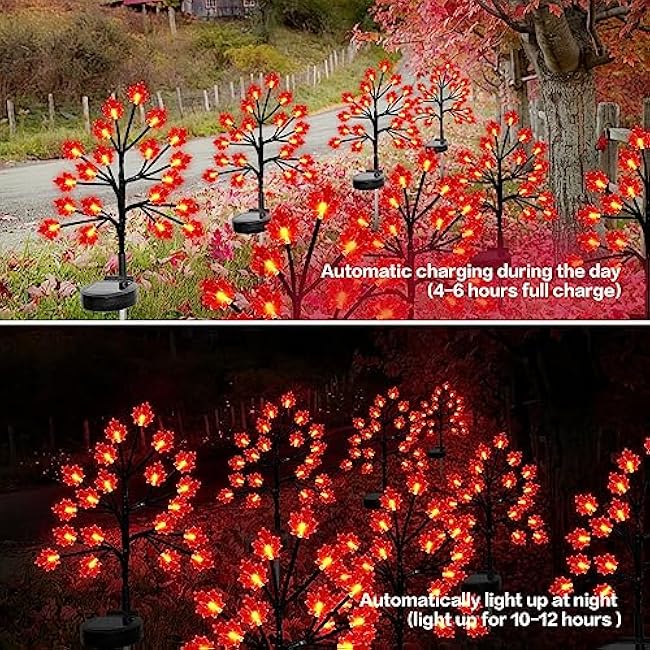 Fall D¨¦cor Solar Garden Lights Outdoor for Thanksgiving Decorations,40LED 2PACK RED Maple Leaves Tree Lights with -Outdoor Autumn Harvest Decor,Solar Fall Lights for Thanksgiving Christmas Party Decor