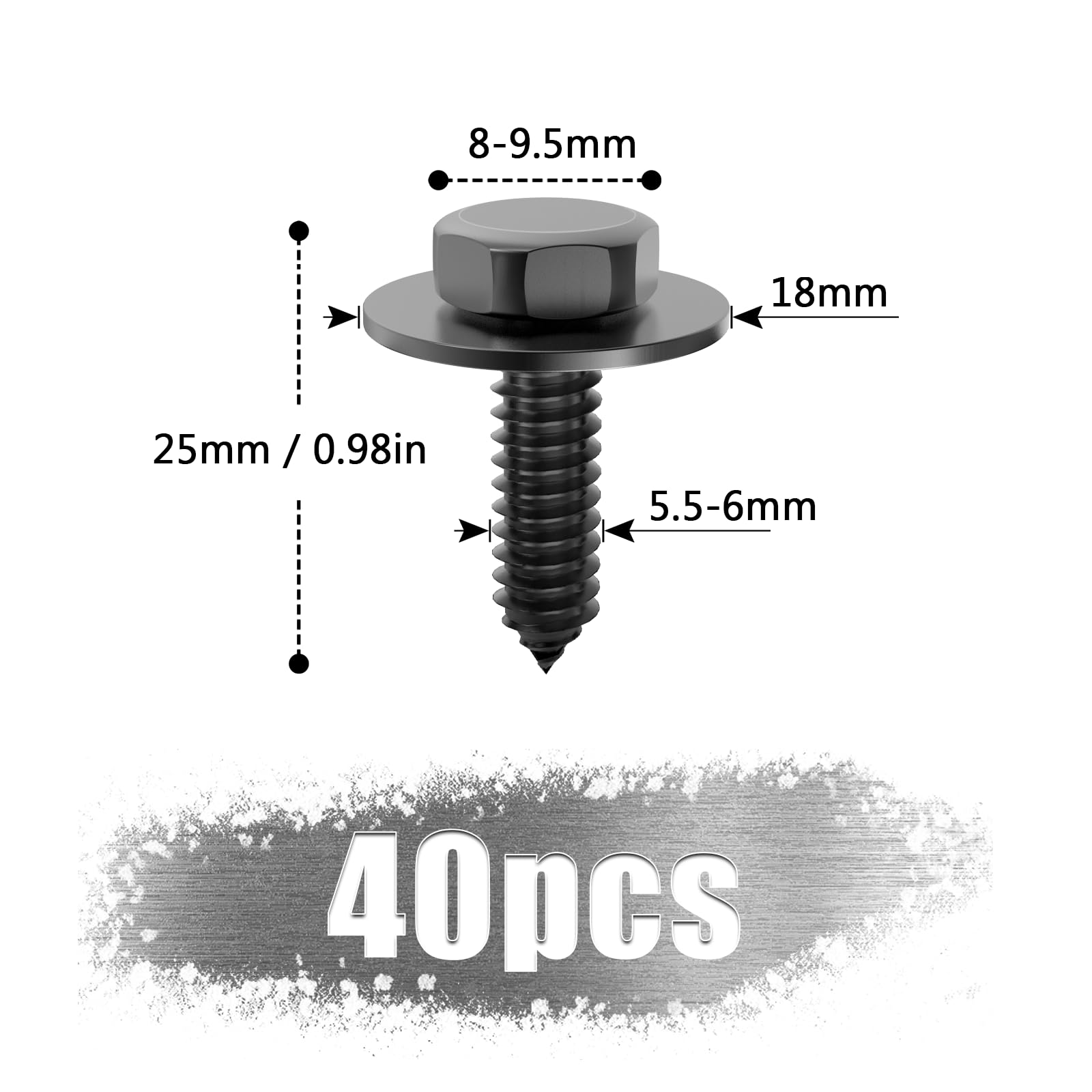 40 Pcs M6 Hex Head Self Tapping Screws 5.5-6mmx19mm Black Bolts With Gasket for Metalwork Plastic Large Head Tech Screws for Metal Car Auto Body Fender and Bumper Guard Plate Fixings - Image 2