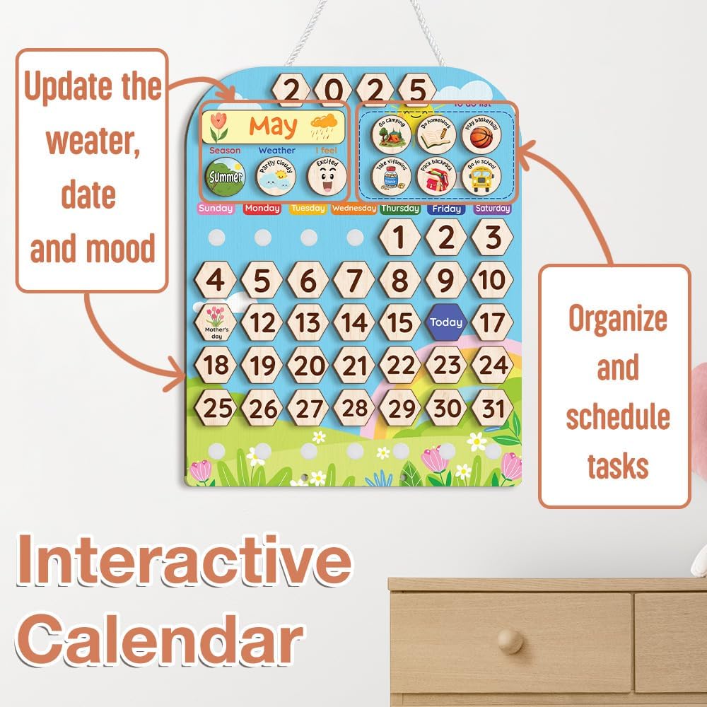 Interactive Calendar for Kids Ages 3+, Wooden Toddler Calendar, Teaching Seasons, Years, Months, Days of Week, Daily Activity Calendars for Kid Preschool & Homeschool (12 x 15 inches)