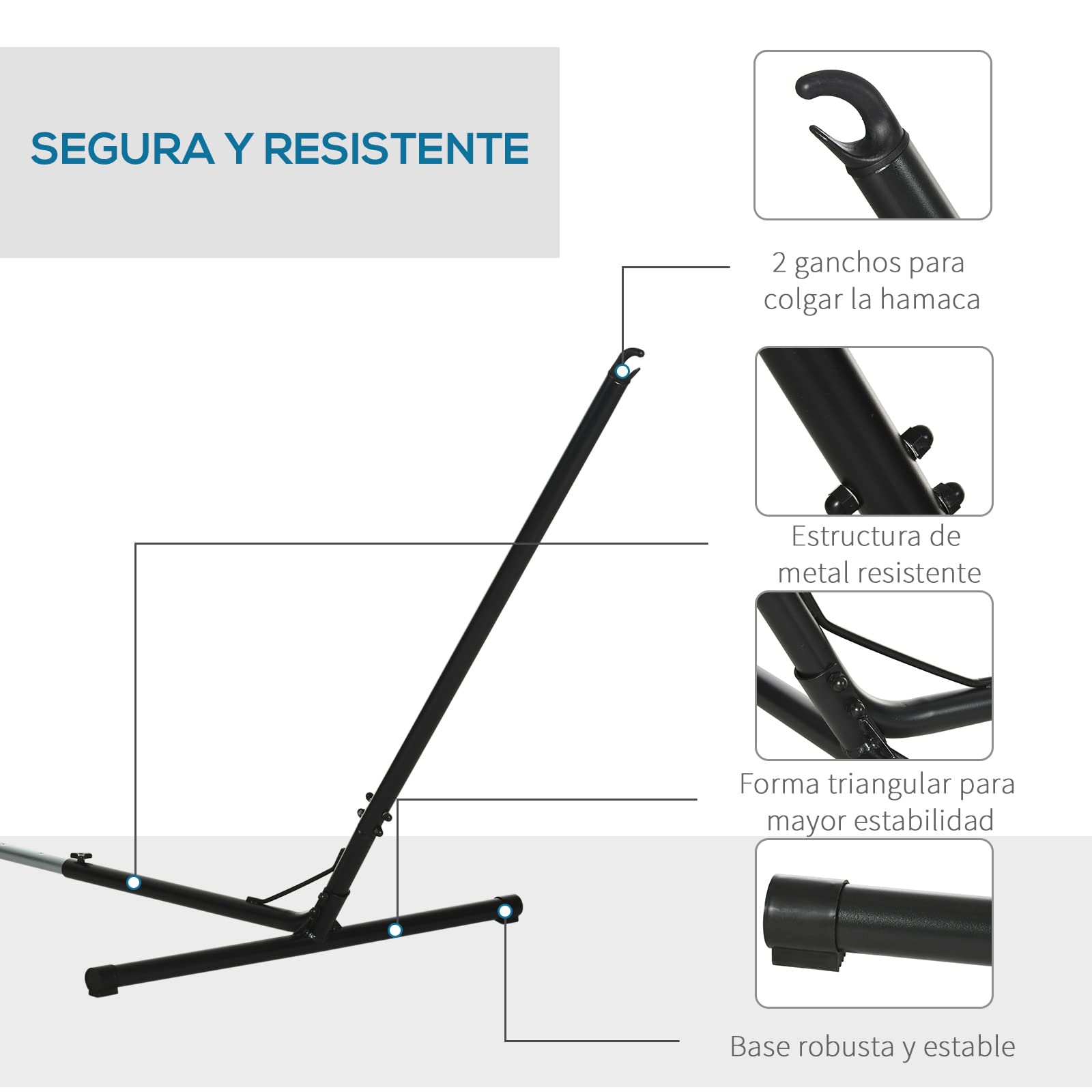 Outsunny Soporte para Hamaca de Jardín Ajustable en Longitud 313-388x109x116 cm Estructura de Metal para Interiores y Exteriores Carga Máx. 120 kg