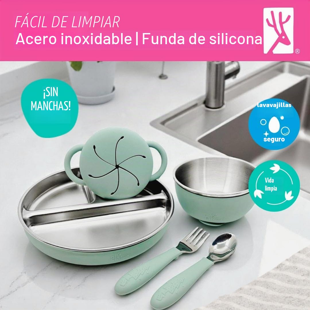 Elk and Friends Paquete de comida de acero inoxidable para niños | Platos, cuencos, tazas de aperitivos + utensilios para niños pequeños | Mangas de succión de silicona + tapas de almacenamiento de