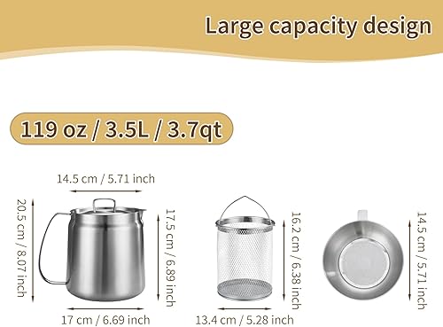 Miniatura 4 de Olla freidora profunda de acero inoxidable 304 de 119 onzas con cesta y colador, recipiente de grasa de tocino de gran capacidad para cocina, freír,