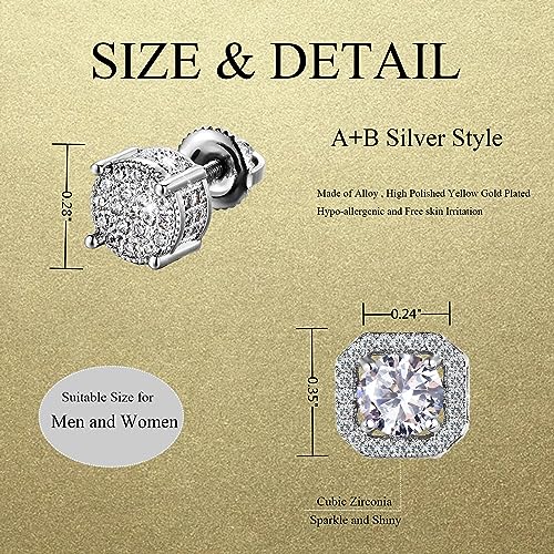 Stud Earrings for Men,18K White Gold Plated Round Square Cubic Zirconia Hypoallergenic Studs Earrings Set for Women (2 Pairs-A+B Silver) by Orglace - Used condition - Image 2