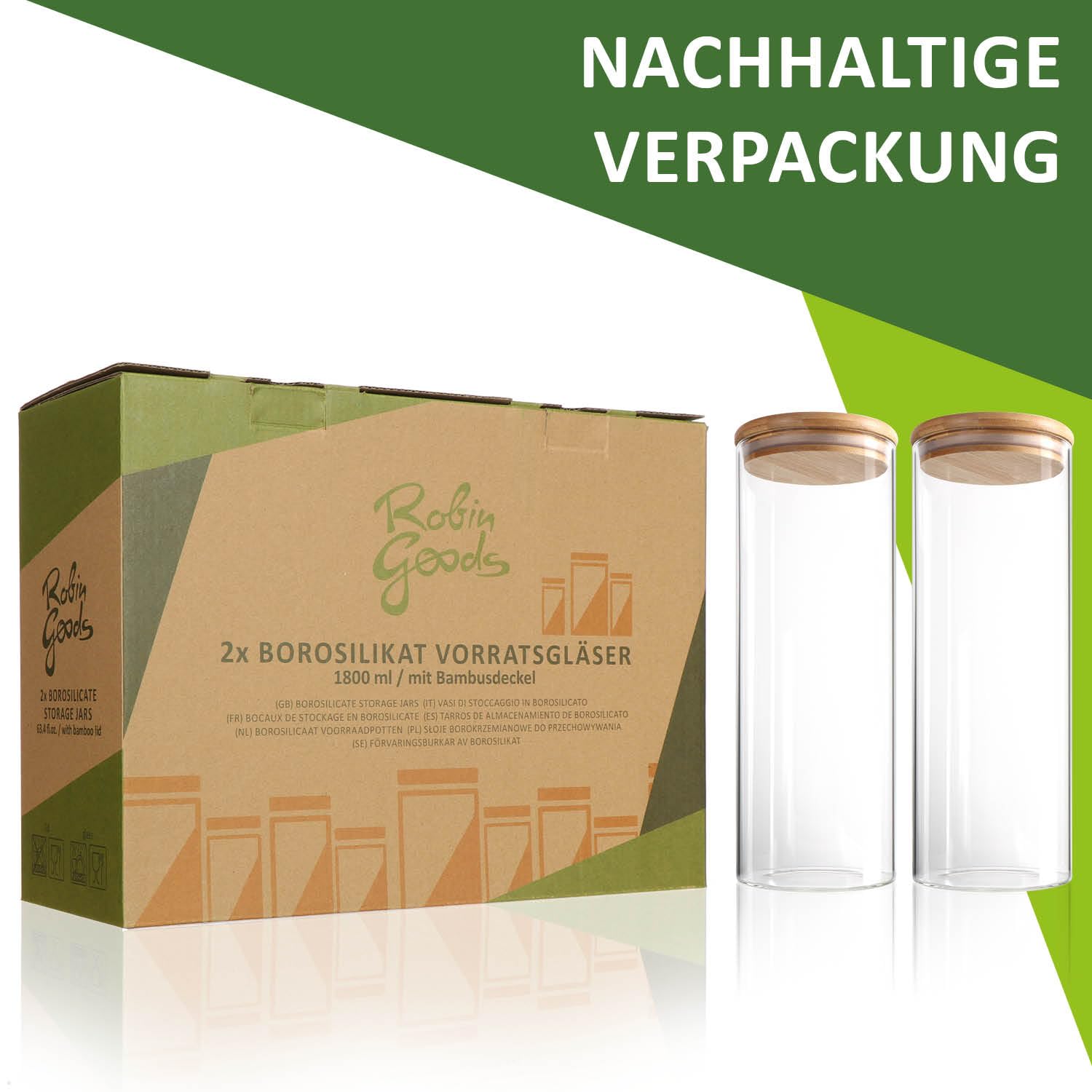 2x Barattoli con coperchio in bambù 1800ml - barattoli per alimenti in vetro borosilicato rinforzato - barattoli ermetici - barattolo rotondo riutilizzabile 1.8L (02 pezzi - 1800 ml)